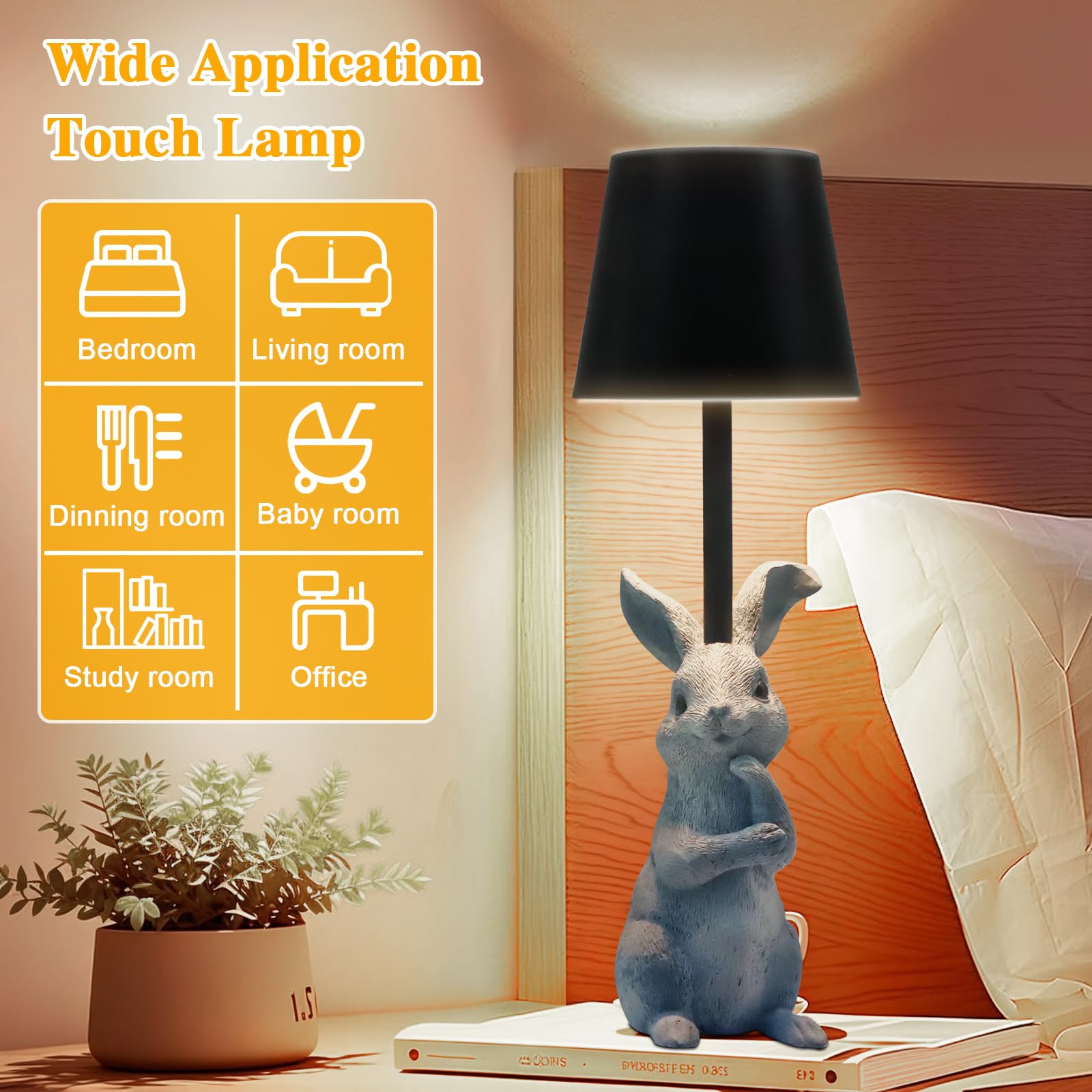 Tynled Rabbit Lamp Birthday For Women Girls, 3 Color Dimmable Nightstand Lamp Beside Table Lamp Touch Control Lamp Usb C Charging Port Battery Animal Lamp For Bedroom Dining Room Office Dorm