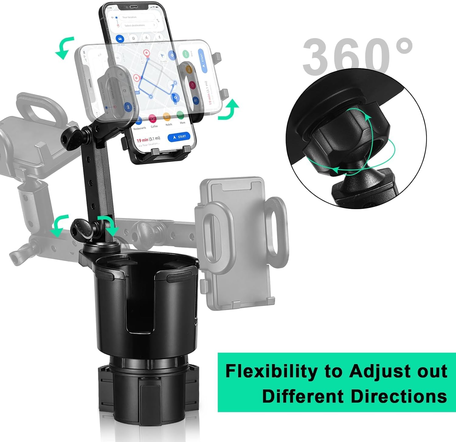 This Hill Car Cup Holder Expander Adjustable Base With Phone Mount 360° Rotation Cup Holder Cell Phone Holder For Car Compatible With Iphone All Smartphones