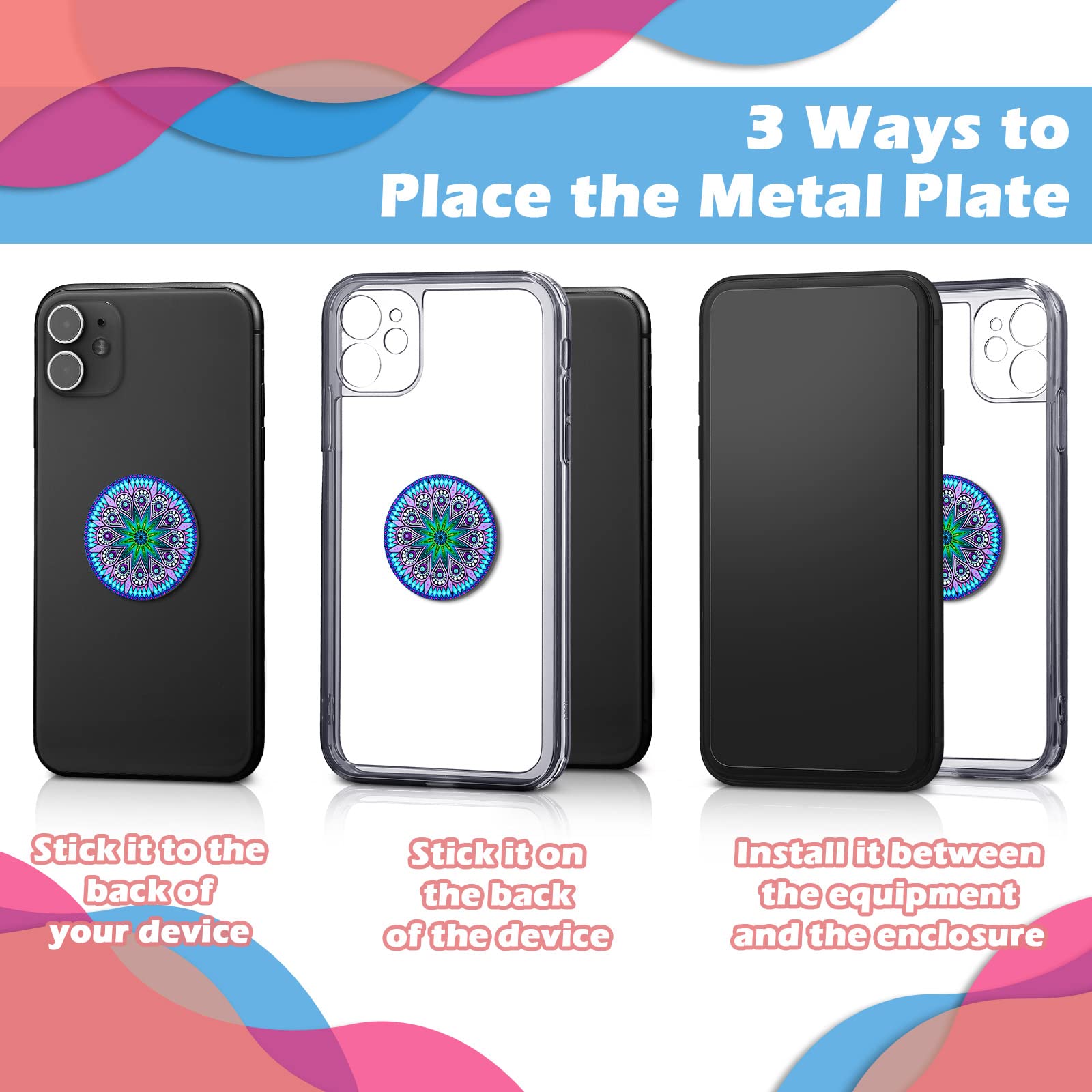 Weewooday 18 Pcs Magnetic Phone Plates Car Metal Plate Mandala Flower Round Mount Holder With Adhesive For Phone Magnet, Magnetic Car Mounts Replacement Sticker, Milky Way'S Mandala