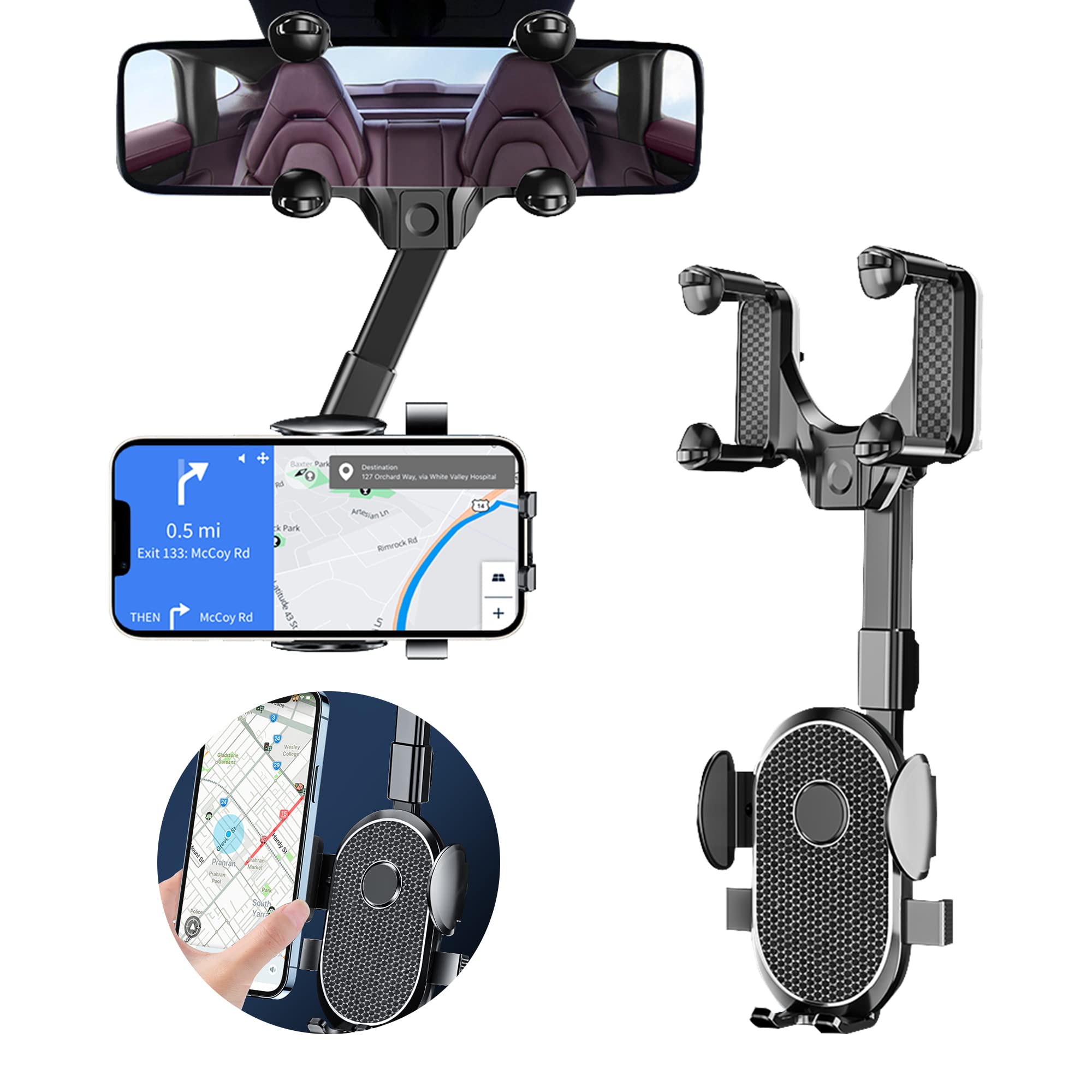 Seltureone Rear View Mirror Phone Holder, 360° Rotatable And Retractable Car Phone Holder Universal Rearview Car Phone Mount For All Mobile Phones