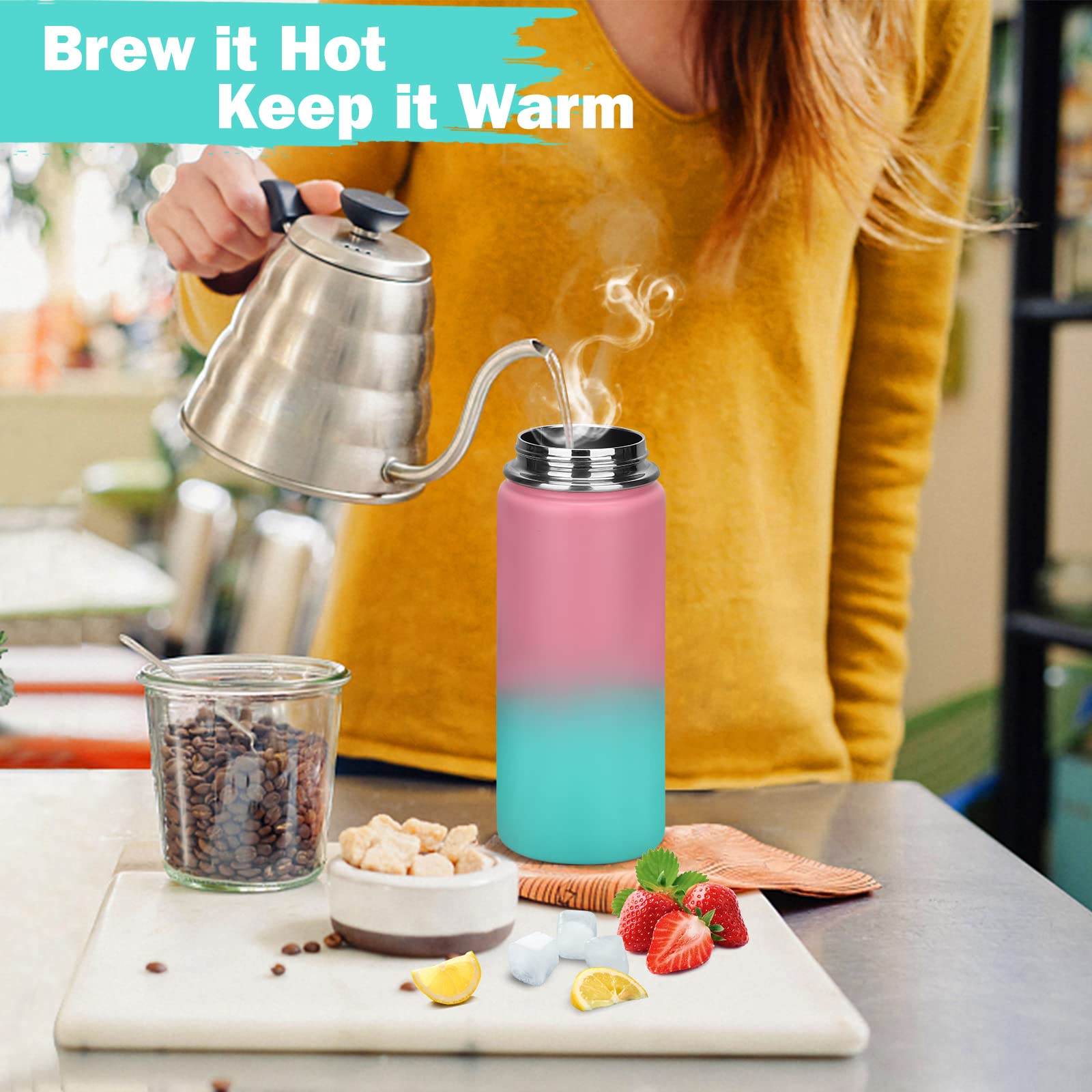 18 Oz Stainless Steel Water Bottle With Spout Lid, Vacuum Insulated Double Wall Water Bottle Wide