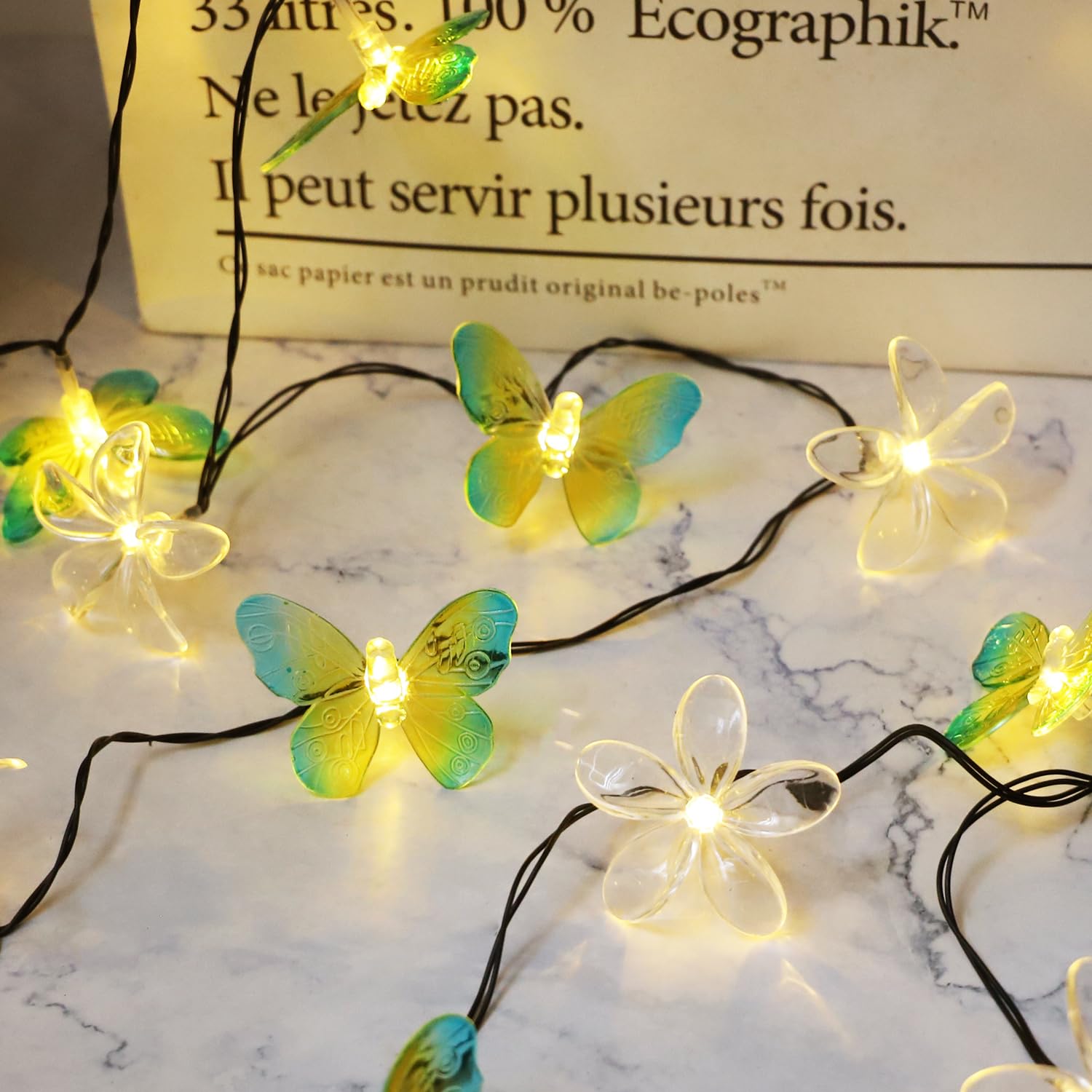 Curyidy Cherry Blossom Flower String Lights Butterfly Fairy Lights For Bedroom, 20Led Solar String Lights Floral Garland Cute Lights For Outdoor Decor, Wedding, Christmas Decorations (Warm White)