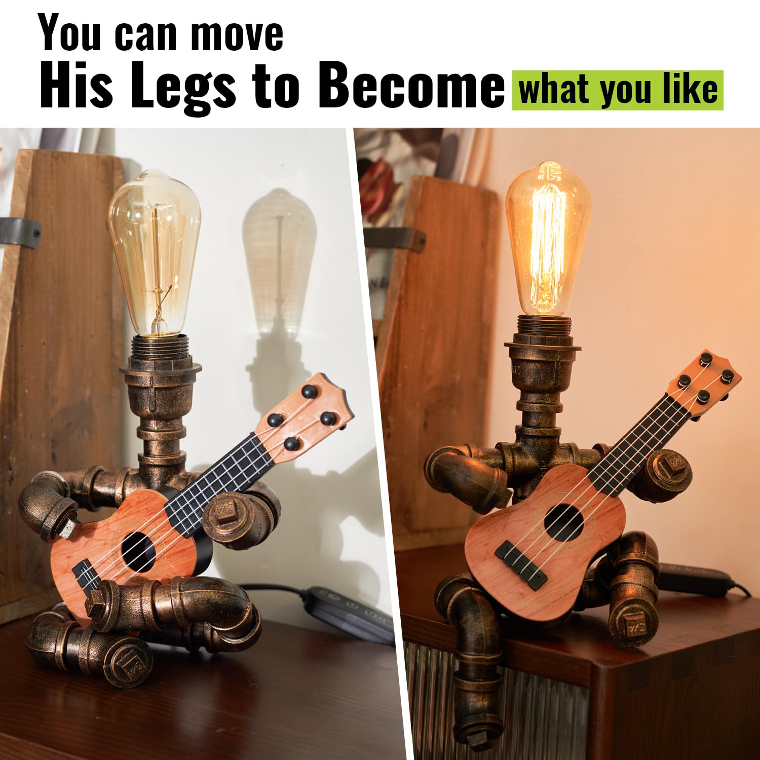 Lovefindahome Vintage Industrial Robot Guitar Table Lamp With Bulb - Remote Control,Timer,Dimmable - Cool For Music Lovers,Men,& Musicians - Steampunk & Retro Style Bronze