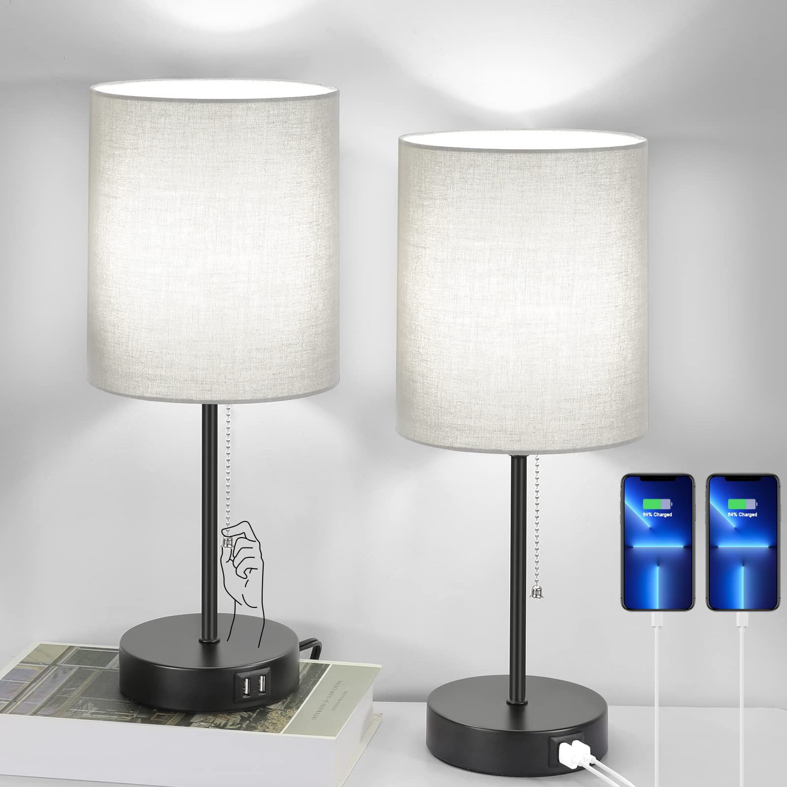 Bosceos Table Lamps Set Of 2 With Usb Charging Ports, Grey Bedside Lamps With Ac Outlet, Nightstand Lamps With Pull Chain Switch, Minimalist Modern Desk Lamps
