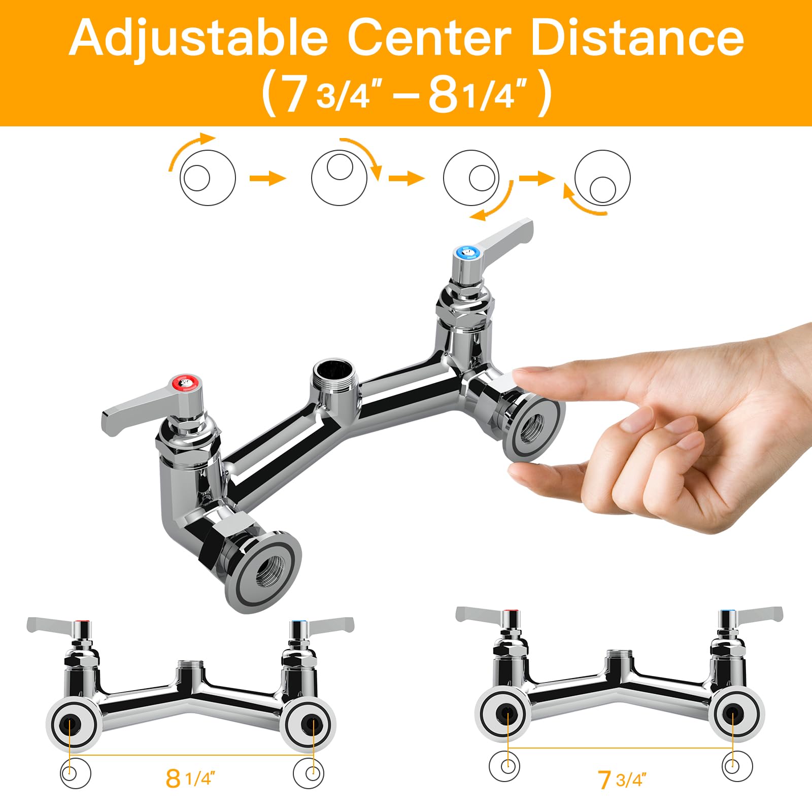 Fauaid Commercial Sink Faucet With Sprayer 36"Height 8"Center Brass Constructed Wall Mount Commercial Kitchen Faucet With Pull Down Pre-Rinse Sprayer And 12" Swing Spout For 2/3 Compartment Sink(36")