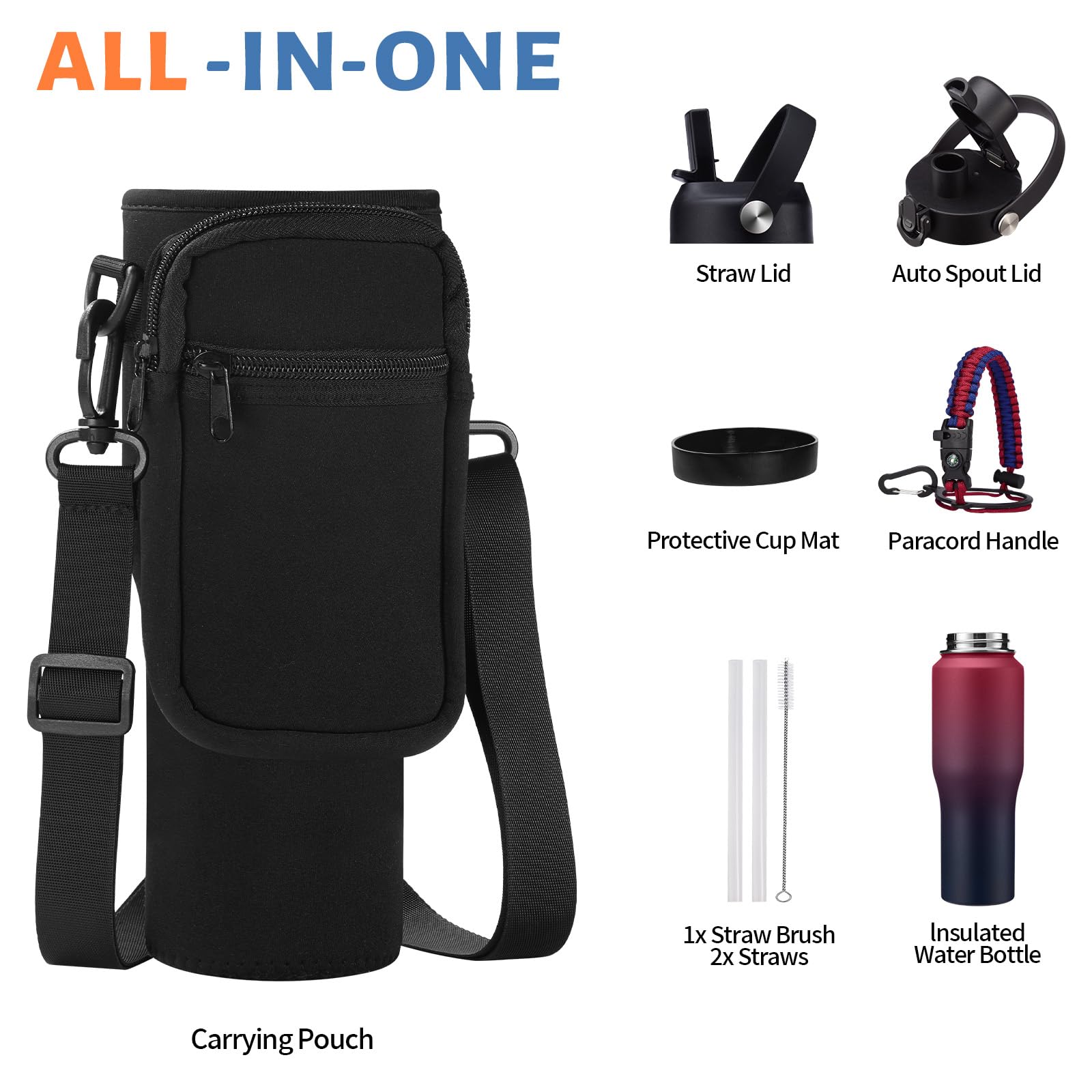 32 Oz Water Bottle Stainless Steel Tumbler - W/Paracord Handle, Straw Lid & Spout Lid & Sling Bag