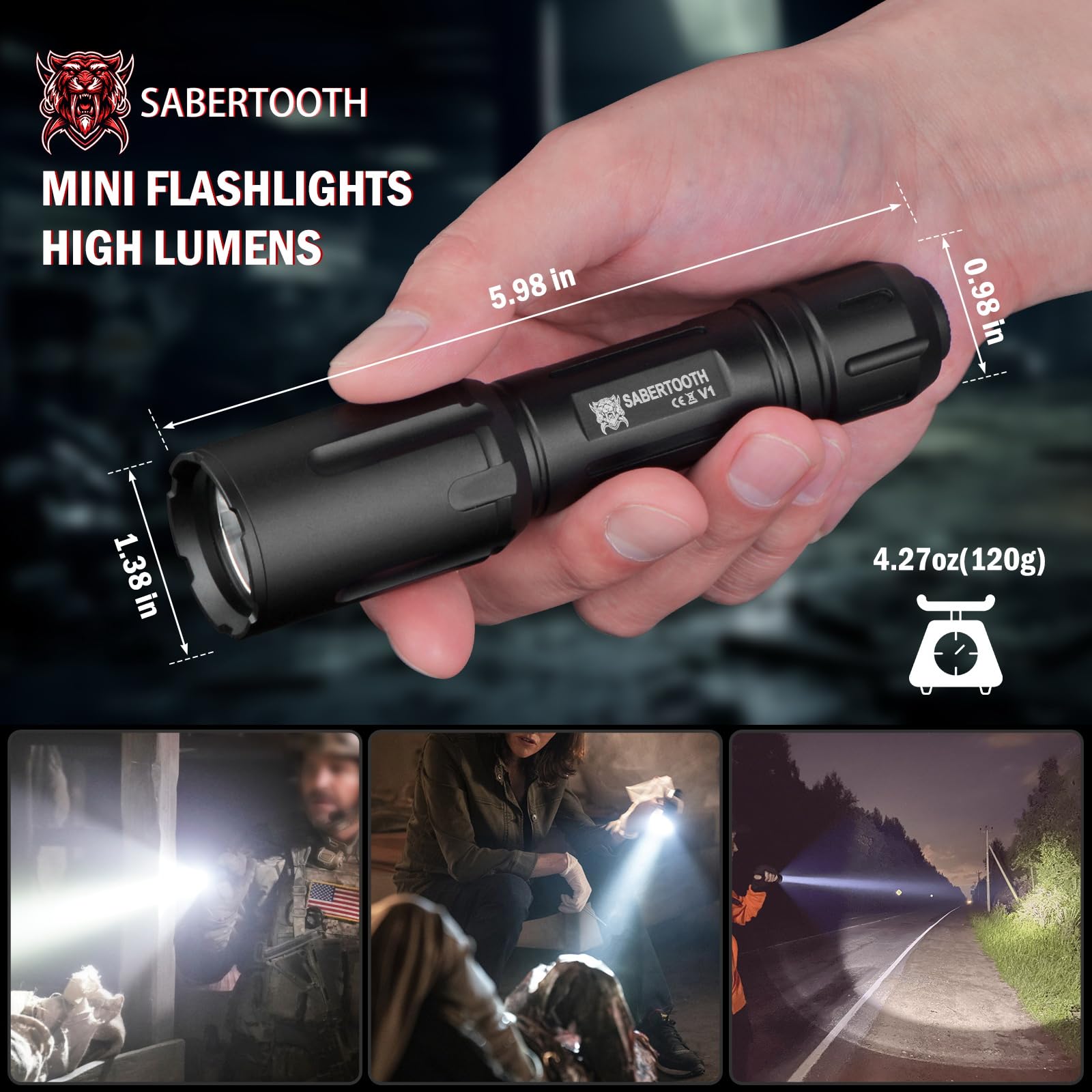 Sabertooth Police Tactical Flashlight-2200 High Lumen Duty Belt Flashlight For Law Enforcement Defense Single Mode Flashlight With Holster Tactical Gear Safety Accessories(Black)