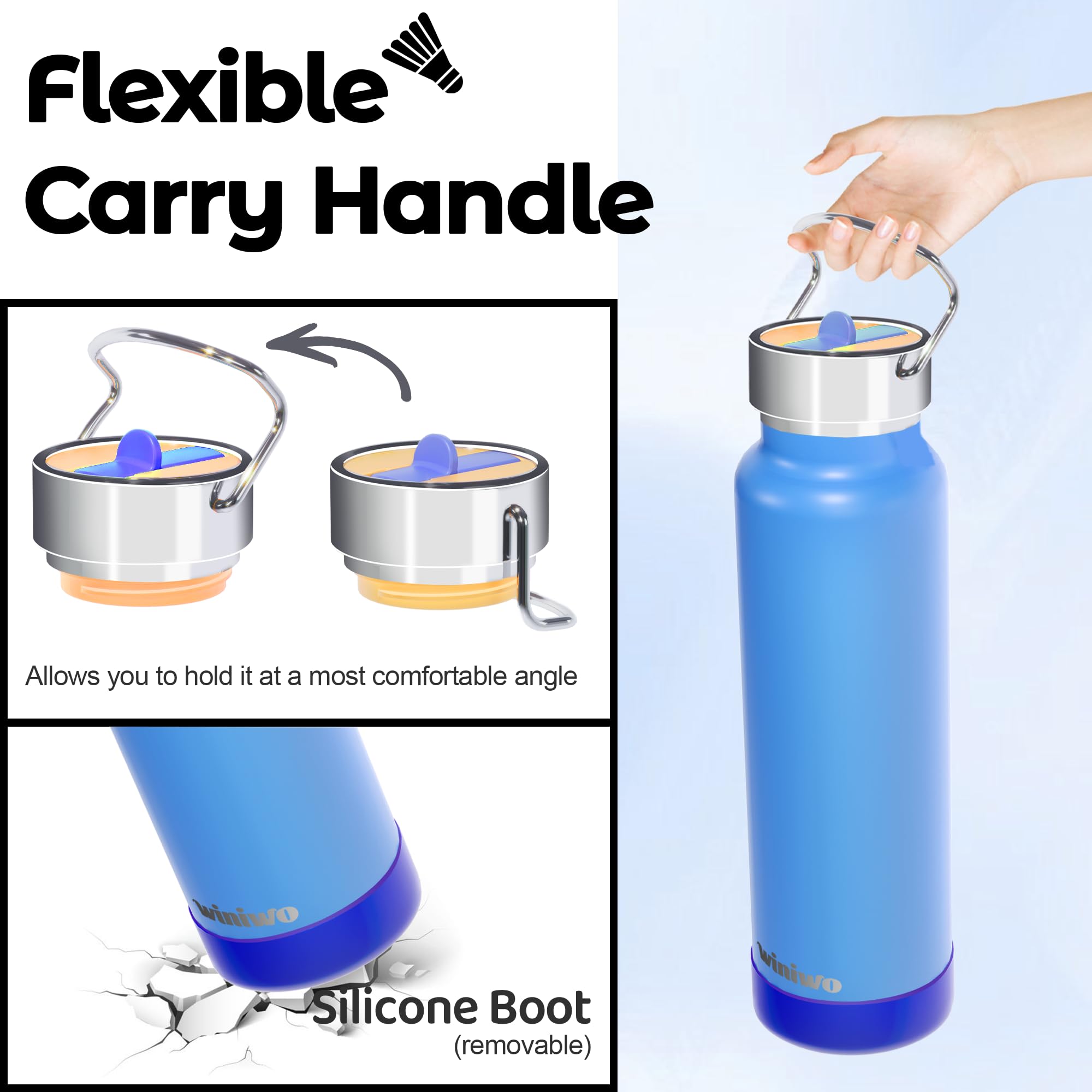 24 Oz Insulated Slim Water Bottle With Flip Straw And Handle, Stainless Steel Water Bottles