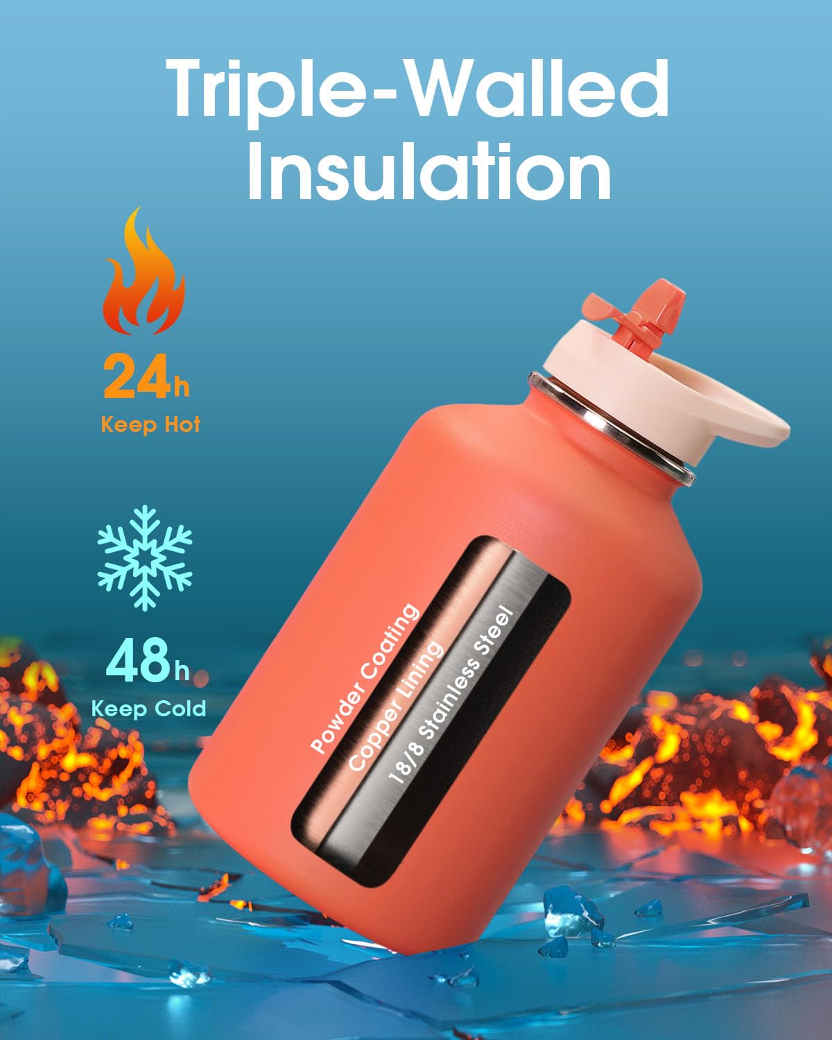 Coolflask 64 Oz Water Bottle Insulated With Pu Leather Sleeve, Half Gallon Water Bottle Color