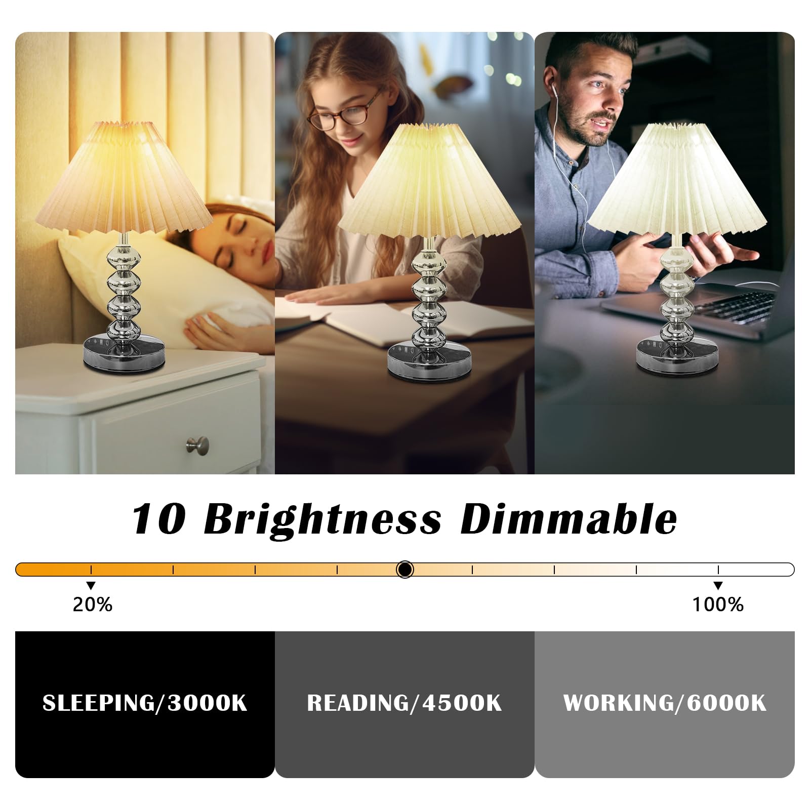 Aoteam Small Pleated Table Lamp, Modern Metal Base Nightstand Lamp With Beige Fabric Shade, Ideal For Bedroom, Living Room, Kids Room, And Study, A Cute Accent Lamp For Cozy Lighting (Silver)