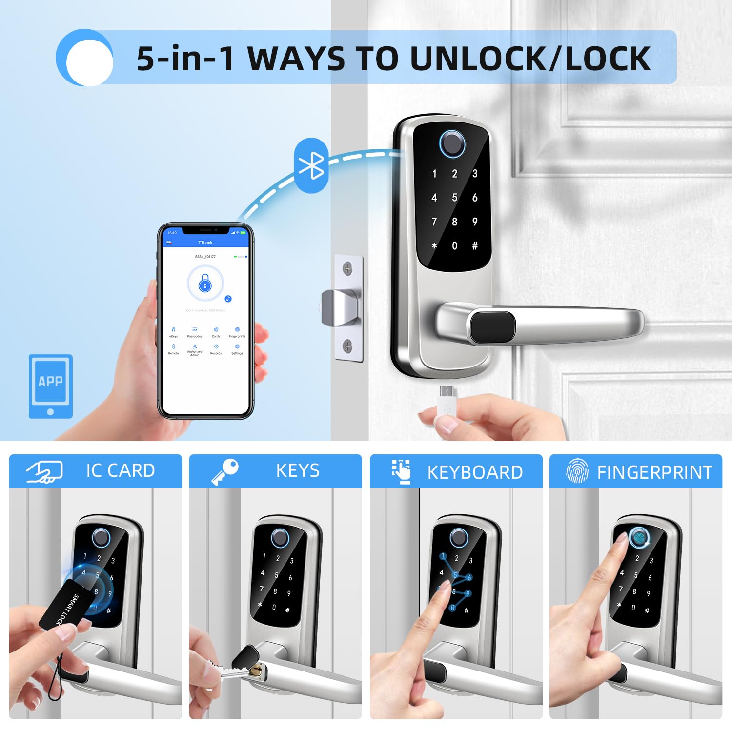 Msr X6 Smart Door Lock With Handle,Keyless Entry Door Locks, 8-In-1 Fingerprint Keypad Exterior Lock - Smart Locks For Front Door - Digital Electronic Smart Lock With Code & App Control (Silver)