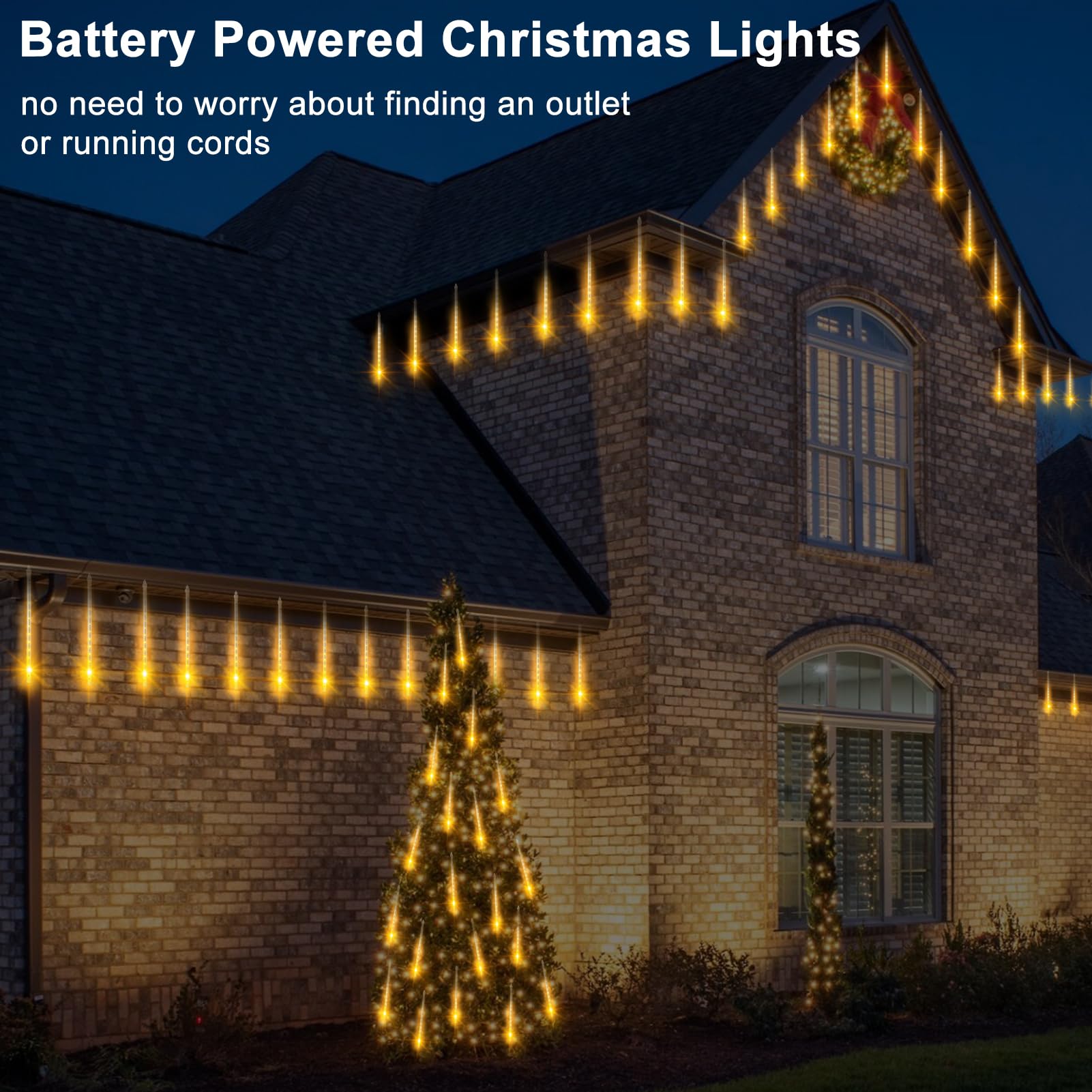 Lumbelle Christmas Meteor Shower Lights Battery Powered, Waterproof 192 Led Icicle Snow Falling Lights With Remote Timer Raindrop Light For Tree Yard Patio Christmas Party Outdoor Decor(Warm White)