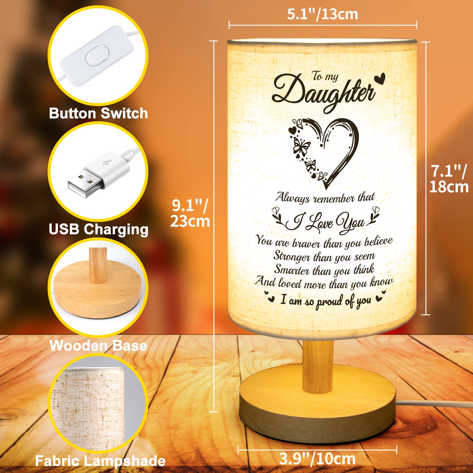 Souhoney Daughter From Mom Dad Table Lamp - Best Birthday For Daughter Fabric Wooden Desk Lamp - Christmas For Bedroom Living Room Graduation For Daughter (Daughter01)