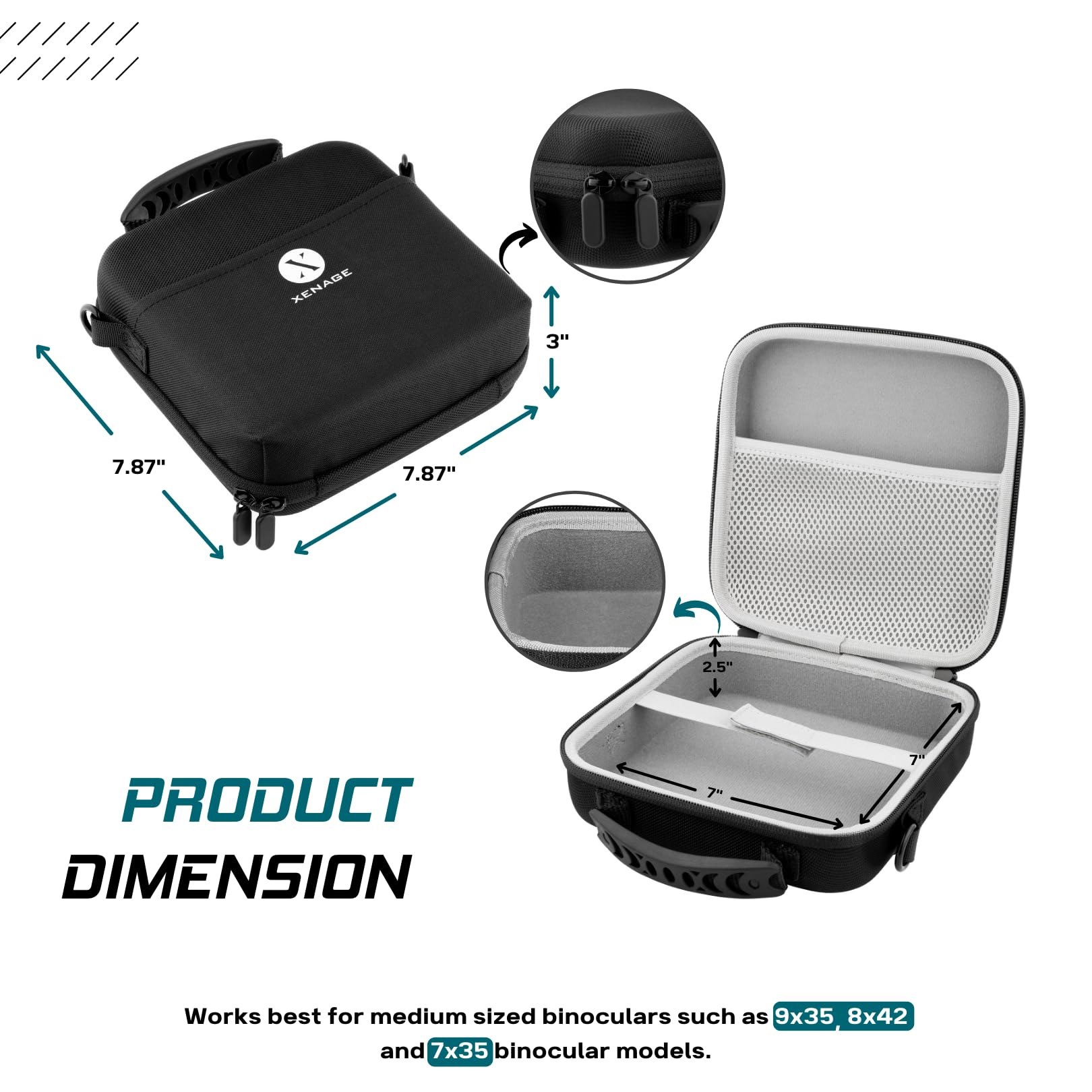 Xenage Binocular Case With Heavy-Duty Water-Resistant Hard Eva Cover (7X7X2.5”) Carry Handle, And Carrying Strap For Hiking, Hunting, Backpacking, Outdoor Travel, Rugged And Compact Cover