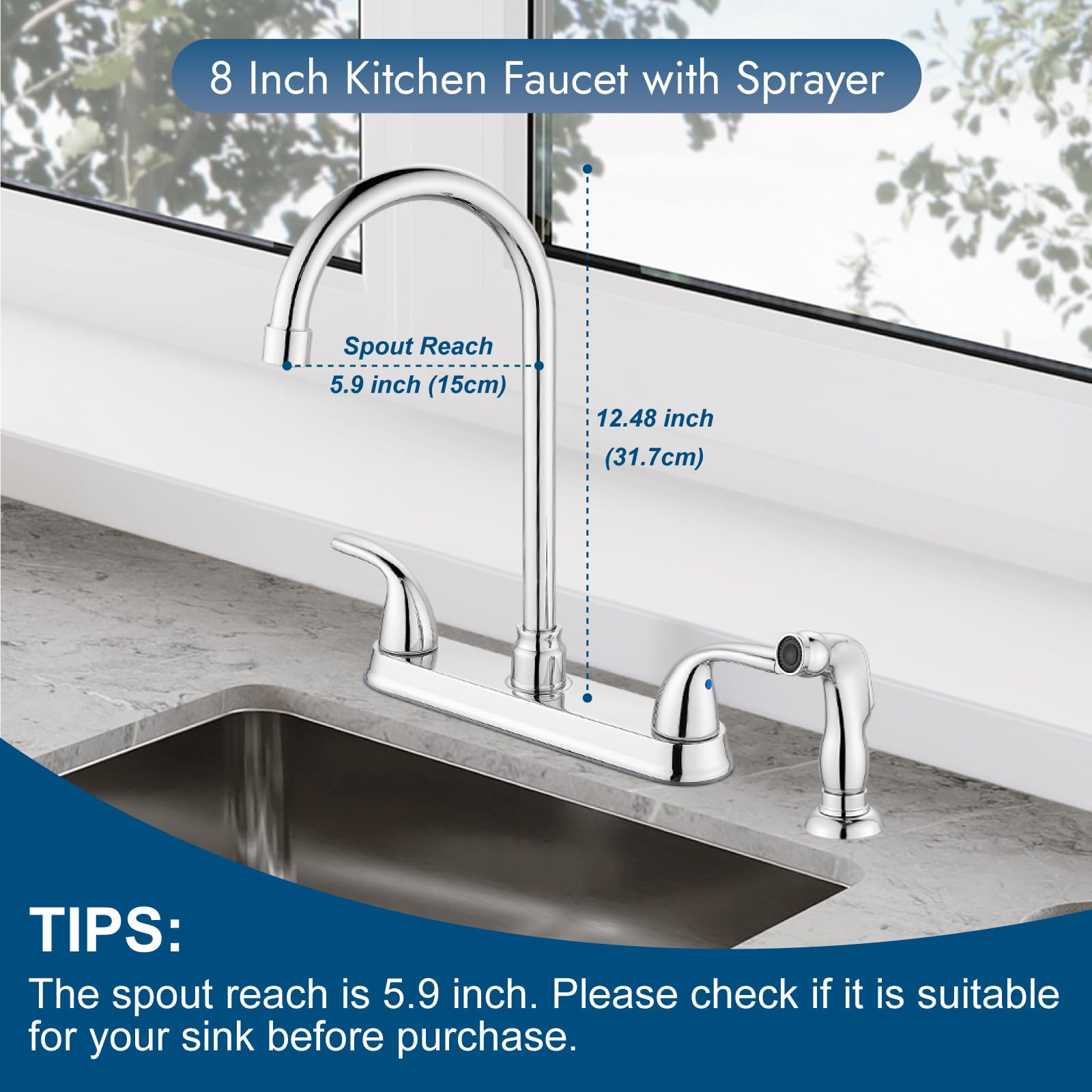 Cinwiny Kitchen Faucet With Side Sprayer,3 Or 4 Holes Kitchen Sink Faucet With Sprayer,Stainless Steel Two Handle 8 Inch Rv Kitchen Faucets With C-Handle, Polish Chrome