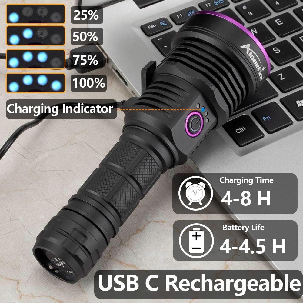 Alonefire Sv43 36W 365Nm Uv Flashlight Usb C Rechargeable Ultraviolet Black Light Woods Lamp For Pet Urine Detector, Resin Curing, Scorpion, Bed Bug, Fishing, Leak With Uv Protective Glasses, Battery