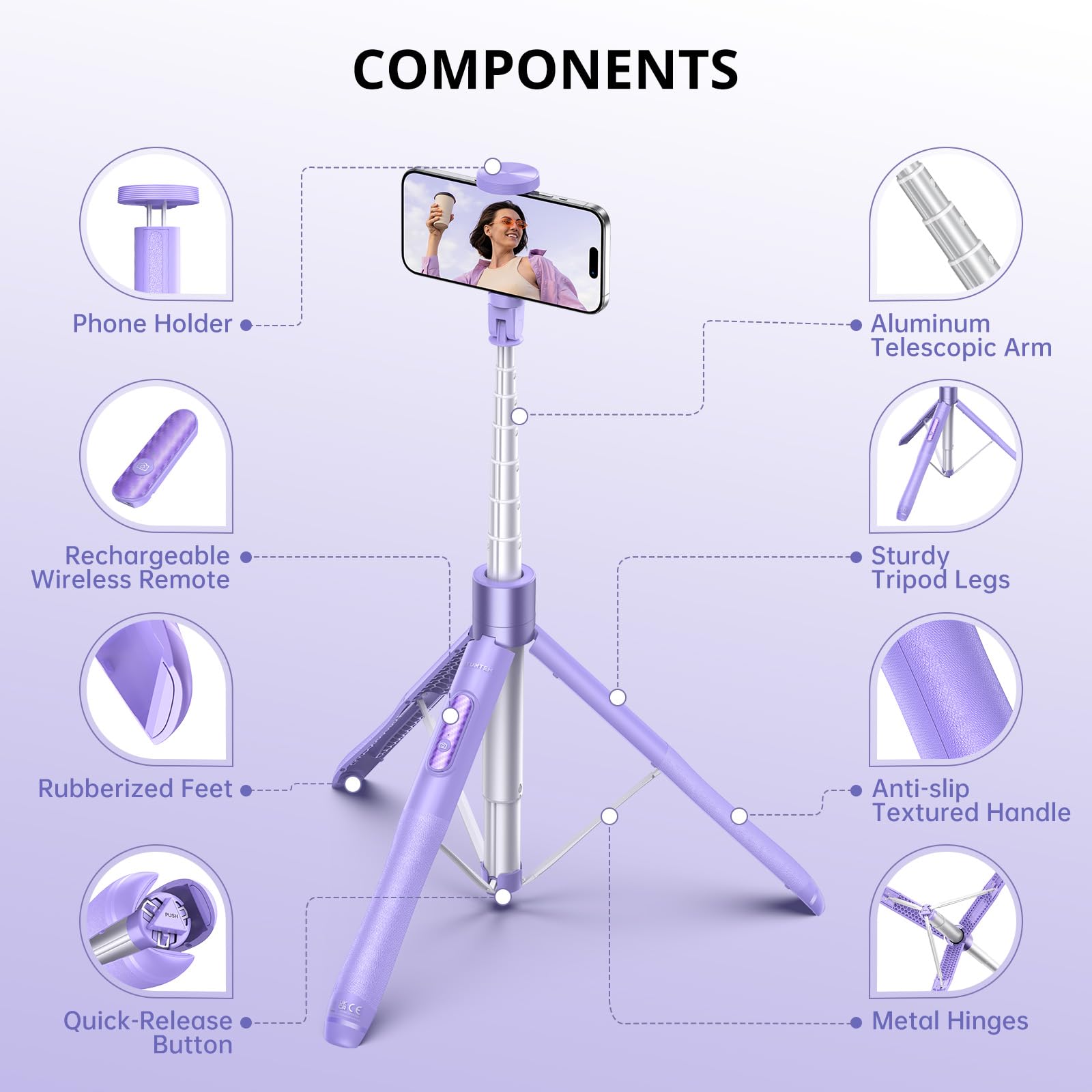 Atumtek 60" Selfie Stick Tripod, All-In-One Extendable Phone Tripod With Bluetooth Remote, Storage Bag Included, For Iphone And Android Phone Selfie, Video Recording, Vlogging, Live Streaming, Purple