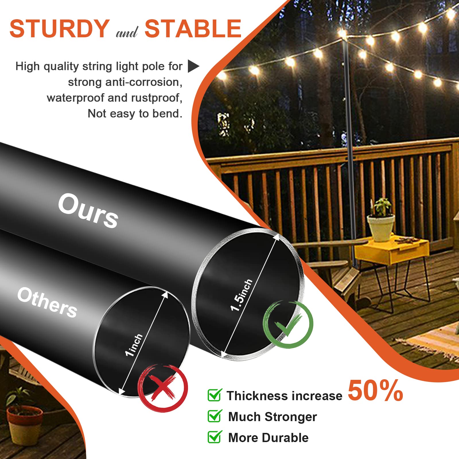Jaotrel String Lights Pole, 9Ft Backyard Lights Outdoor Garden Wedding Decoration With Rust Bracket Led Or Suspended Light Solar Bulb Suitable For Wooden Floors Or Indoors