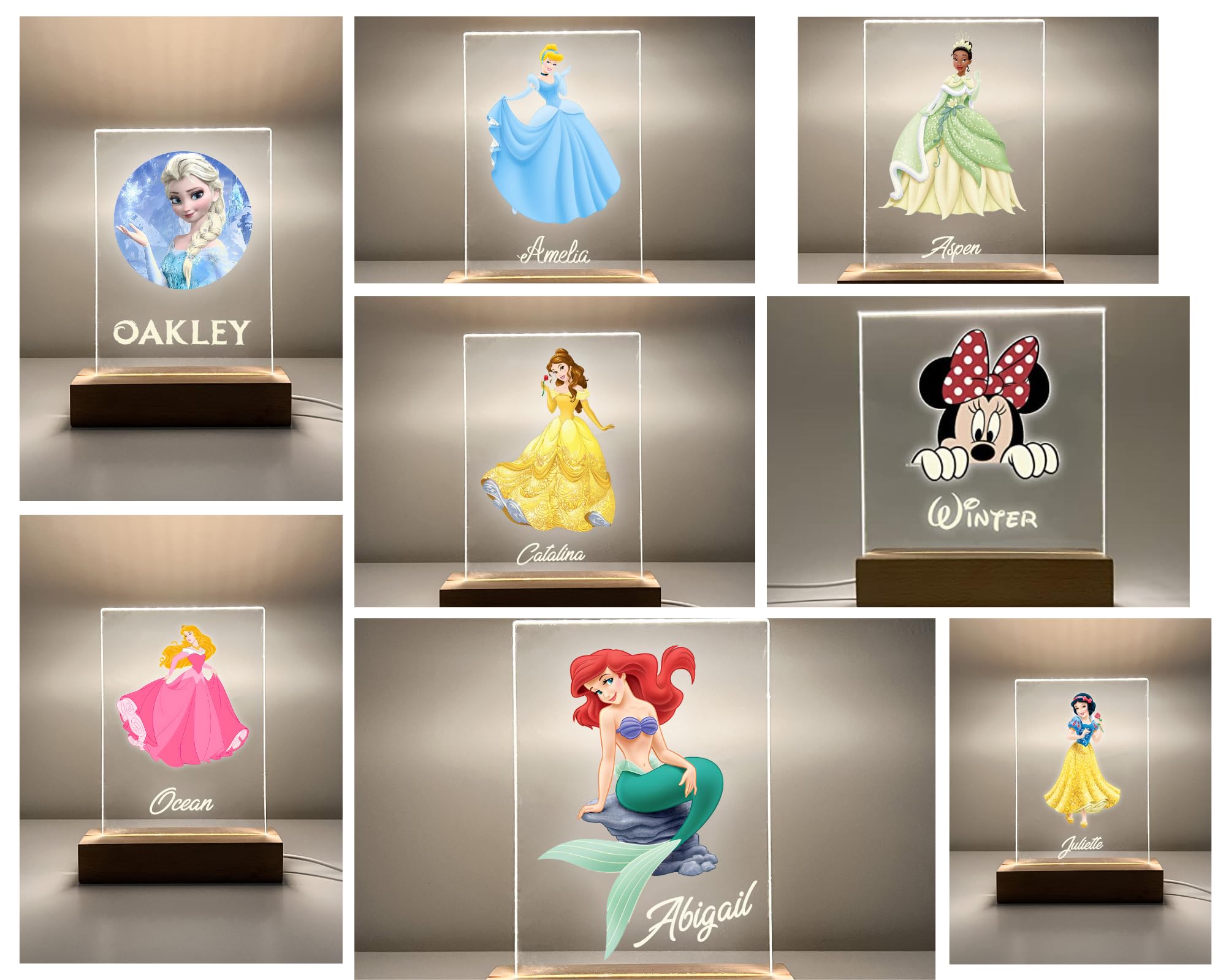 Mirror Mania Wood Base Stand Princess Night Light Up Table Desk Lamp Led Choose Your Favorite Princess In Checkout Princess Sign Personalized Engraved With Your Name On It, Made To Order Girls Room Decor