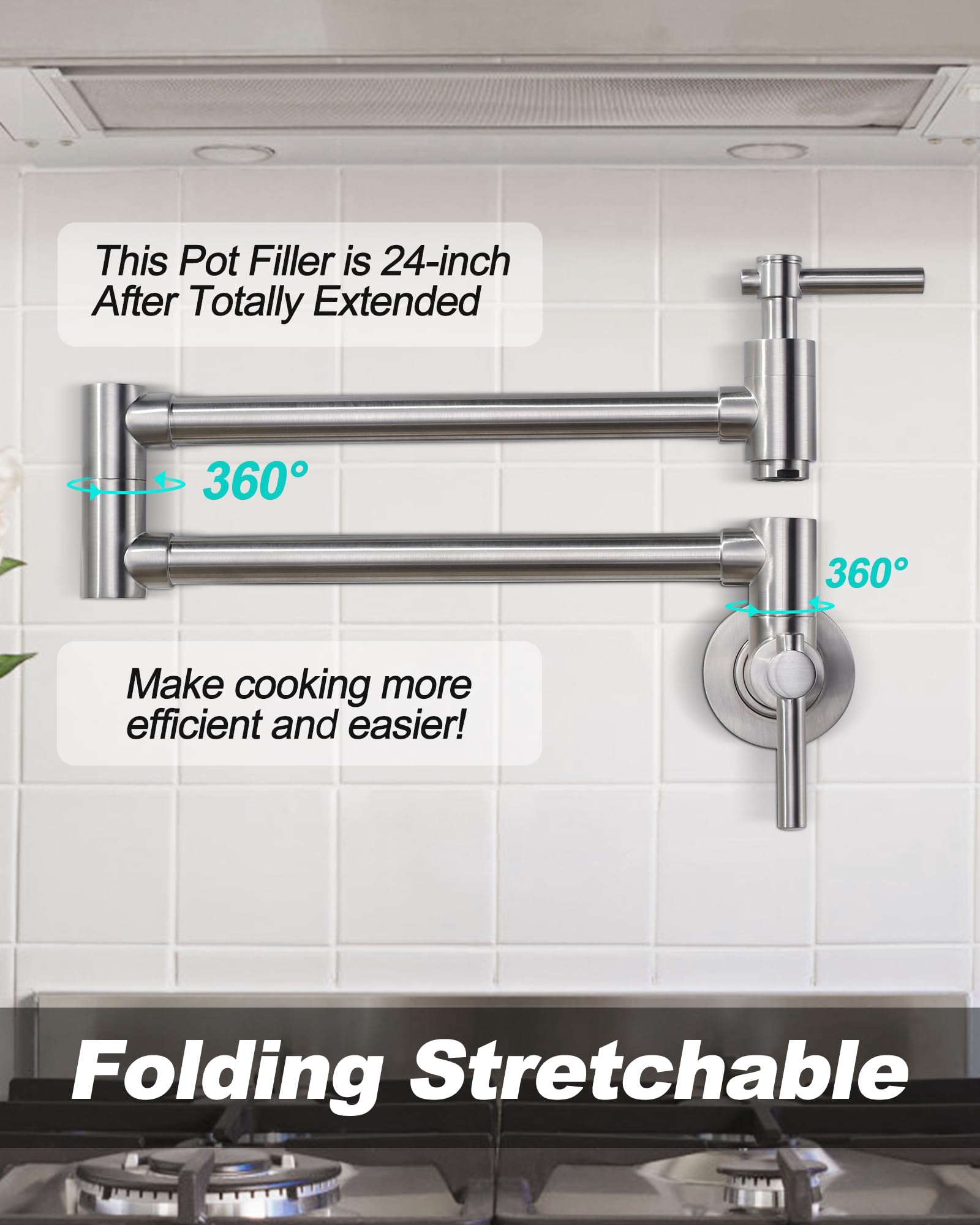 Iviga Pot Filler Faucet, Brass Wall Mount Kitchen Faucet Brushed Nickel Folding Stretchable With Double Joint Swing Arm Single Hole 2 Handles For Kitchen, Stove Faucet