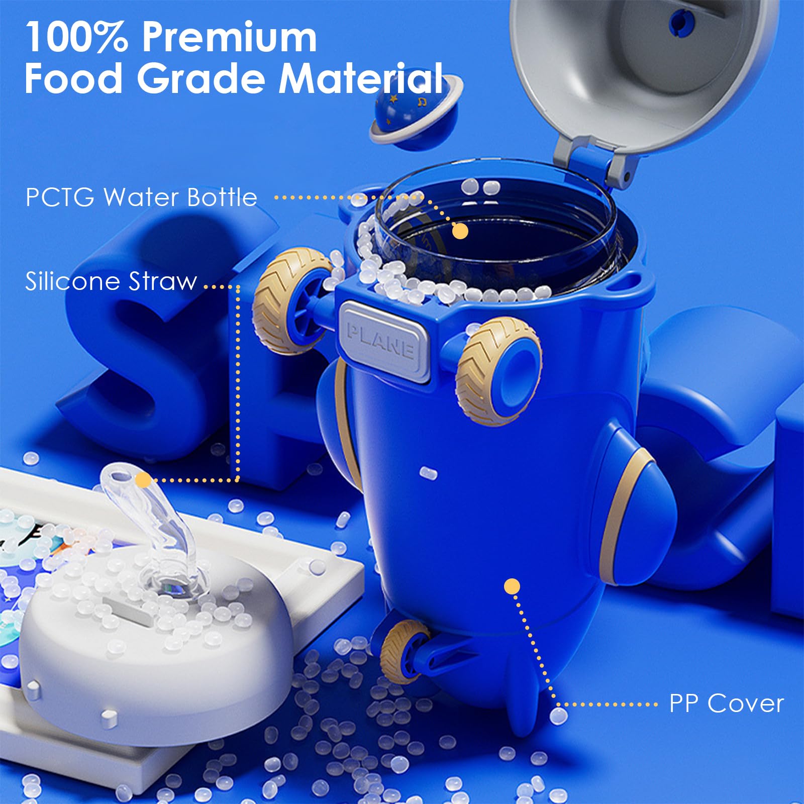 18Oz Plane Kids Water Bottle With Straw Shoulder Strap For Boys, Double Wall Airplane Bottles