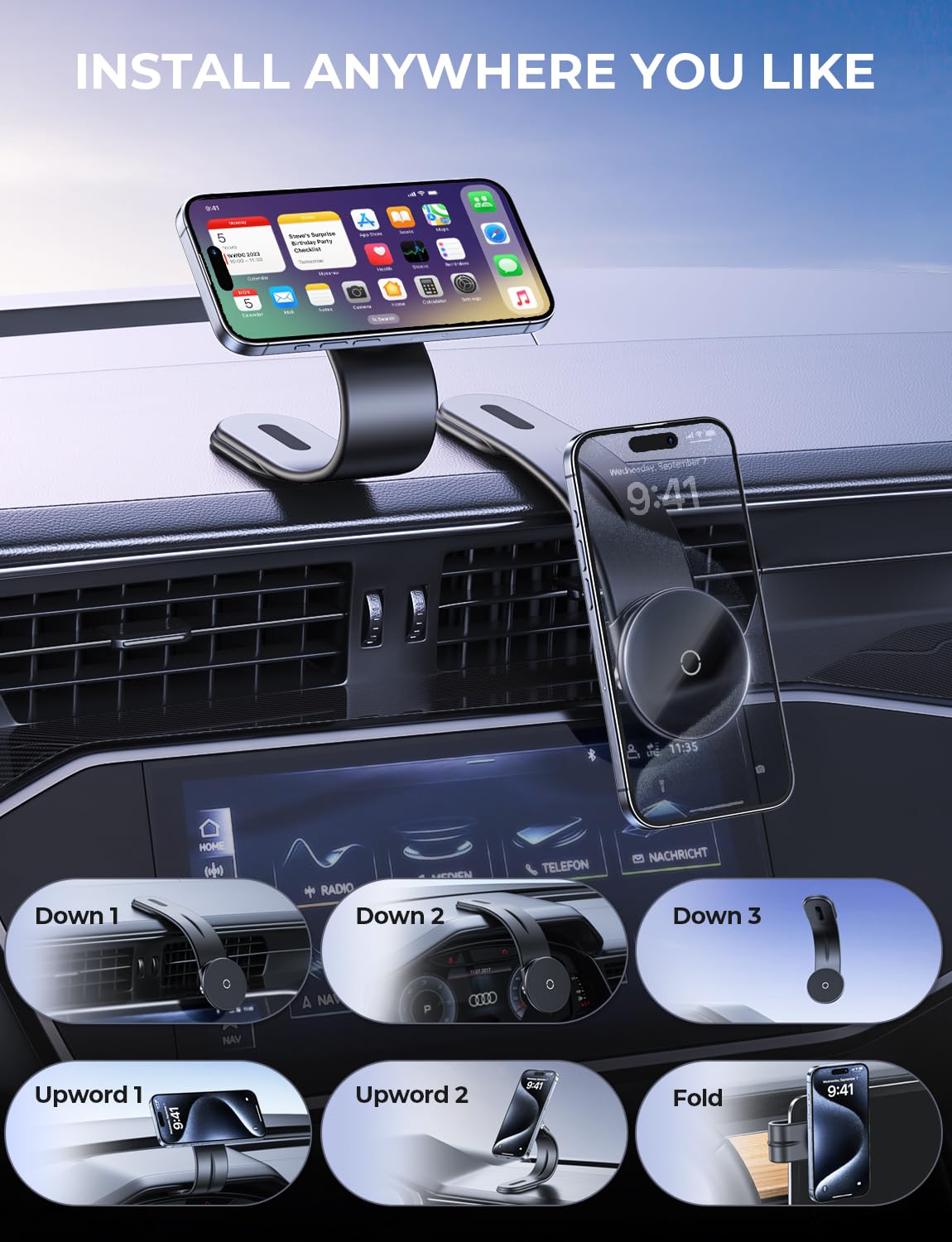 Arshot For Magsafe Car Mount, Magnetic Phone Holder For Car Dashboard Windshield Touchscreen, Bendable Aluminum Alloy Arm, Phone Mount Car Accessories For Iphone 15 Pro Max Mini 14 13 12, All Phones