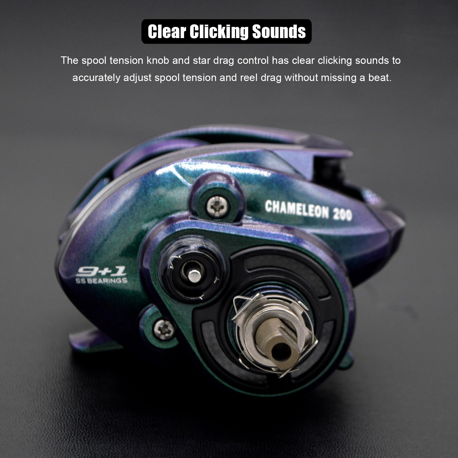 Camekoon Chameleon 200 Baitcasting Fishing Reel, Only 6.5 Ounces. Carbon Fiber Frame & Side Covers, 9+1 Stainless Steel Ball Bearings, Magnetic Brakes, Dual Cork Handles, Low Profile Baitcaster