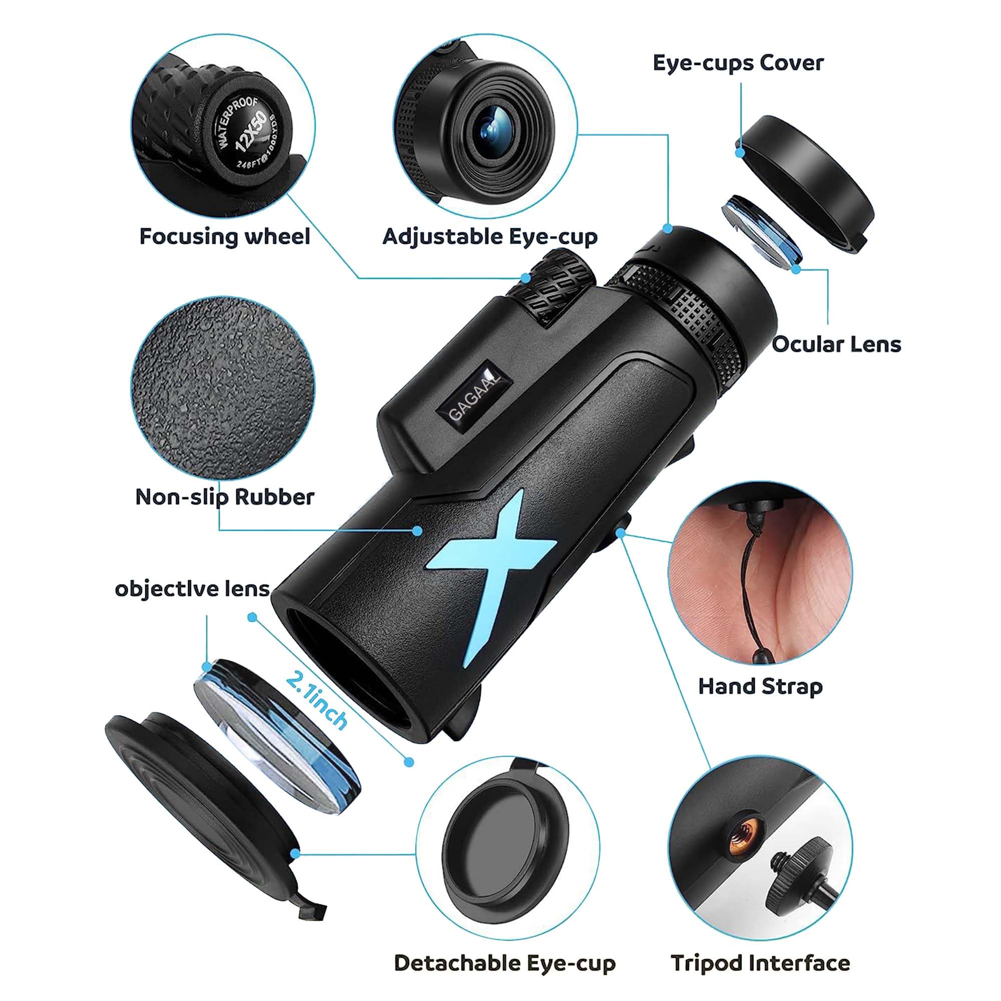 Gagaal 12X50 Monocular Telescope - Small Monocular Telescope High Power, For Smartphone Holder & Tripod, Suitable For Bird Watching Hunting Hiking Camping