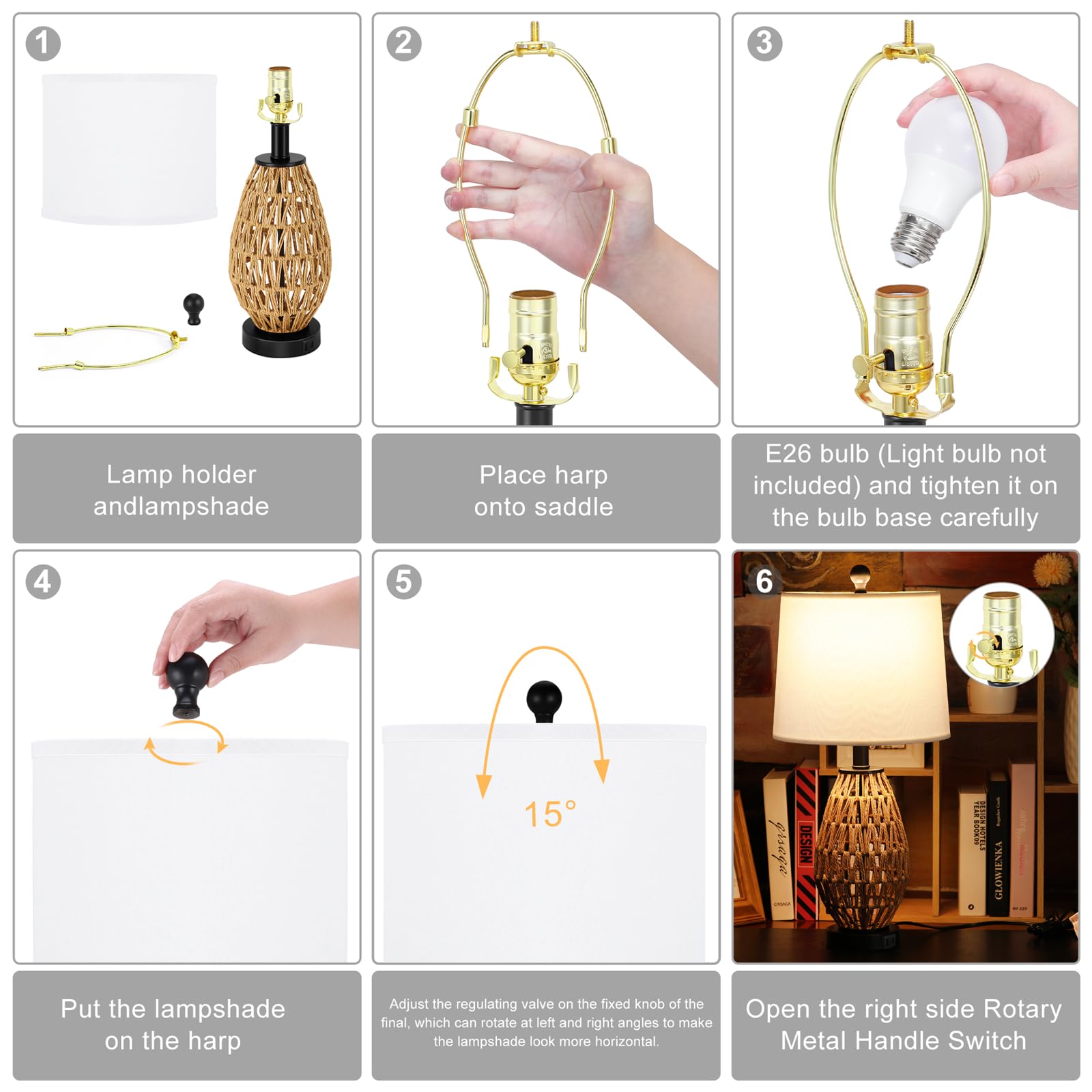 Tpamswo Coastal Table Lamps Set Of 2, Retro Rattan Woven 24" Bedside Lamp, For Bedroom Living Room Home Nightstand Table Lamp(With Usb C+A 5V 2.1A Charging Ports)