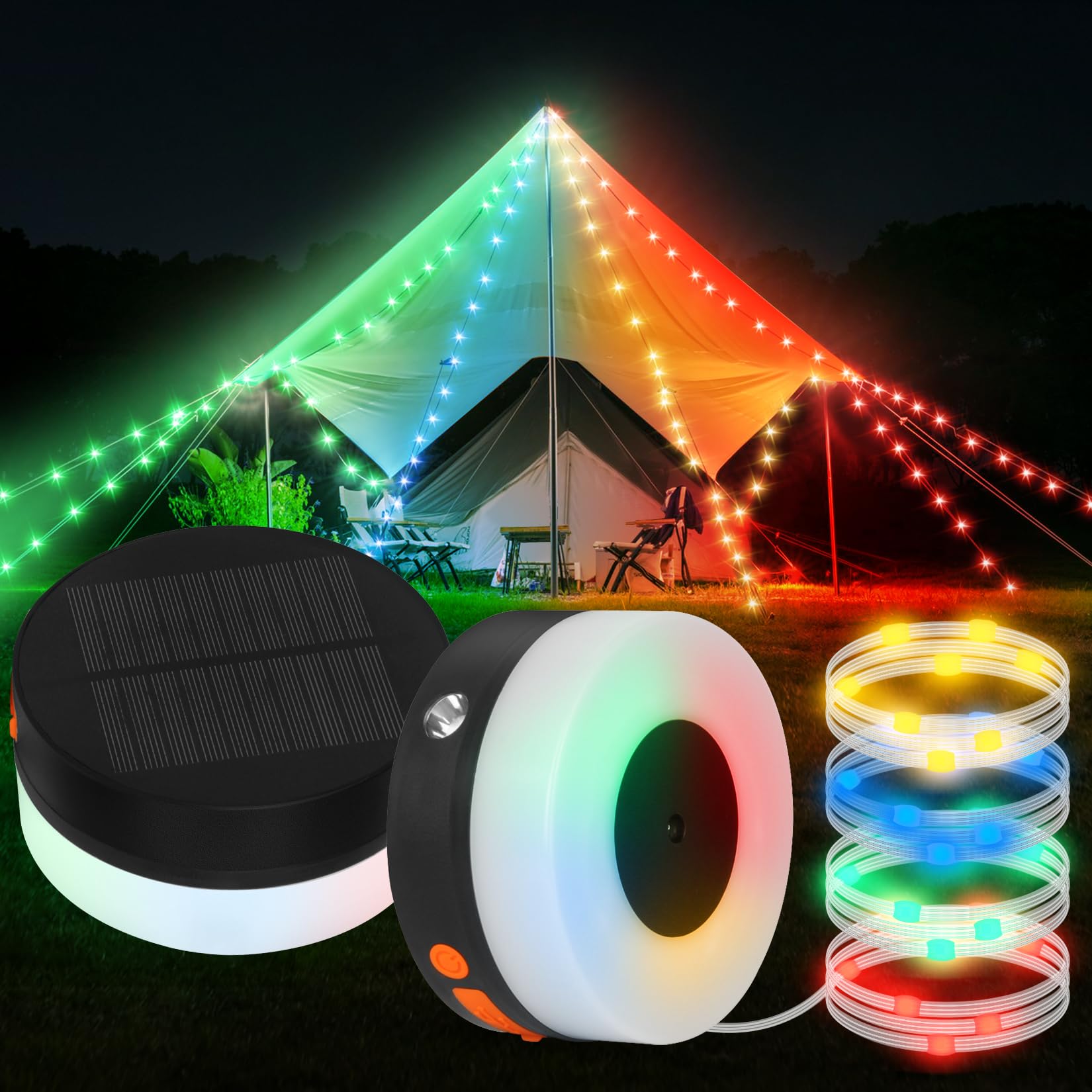 Aoxdwge Solar Camping String Lights Outdoor: 32.8Ft Portable Stowable Camping Tent String Lights With 8 Lighting Modes, 3600Mah Rechargeable Waterproof Camping Lanterns For Hiking, Yard Decorations