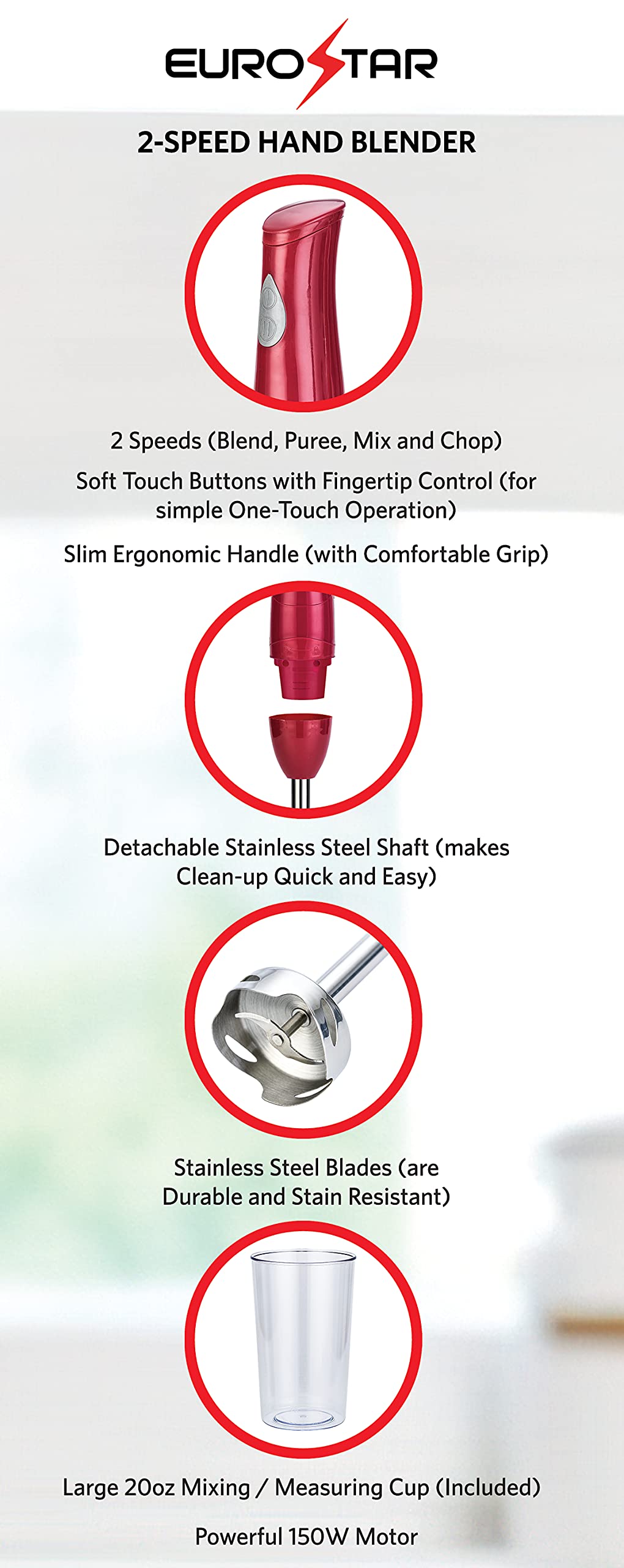 Eurostar 2-Speed Hand Blender With Stainless Steel Detachable Shaft, Red