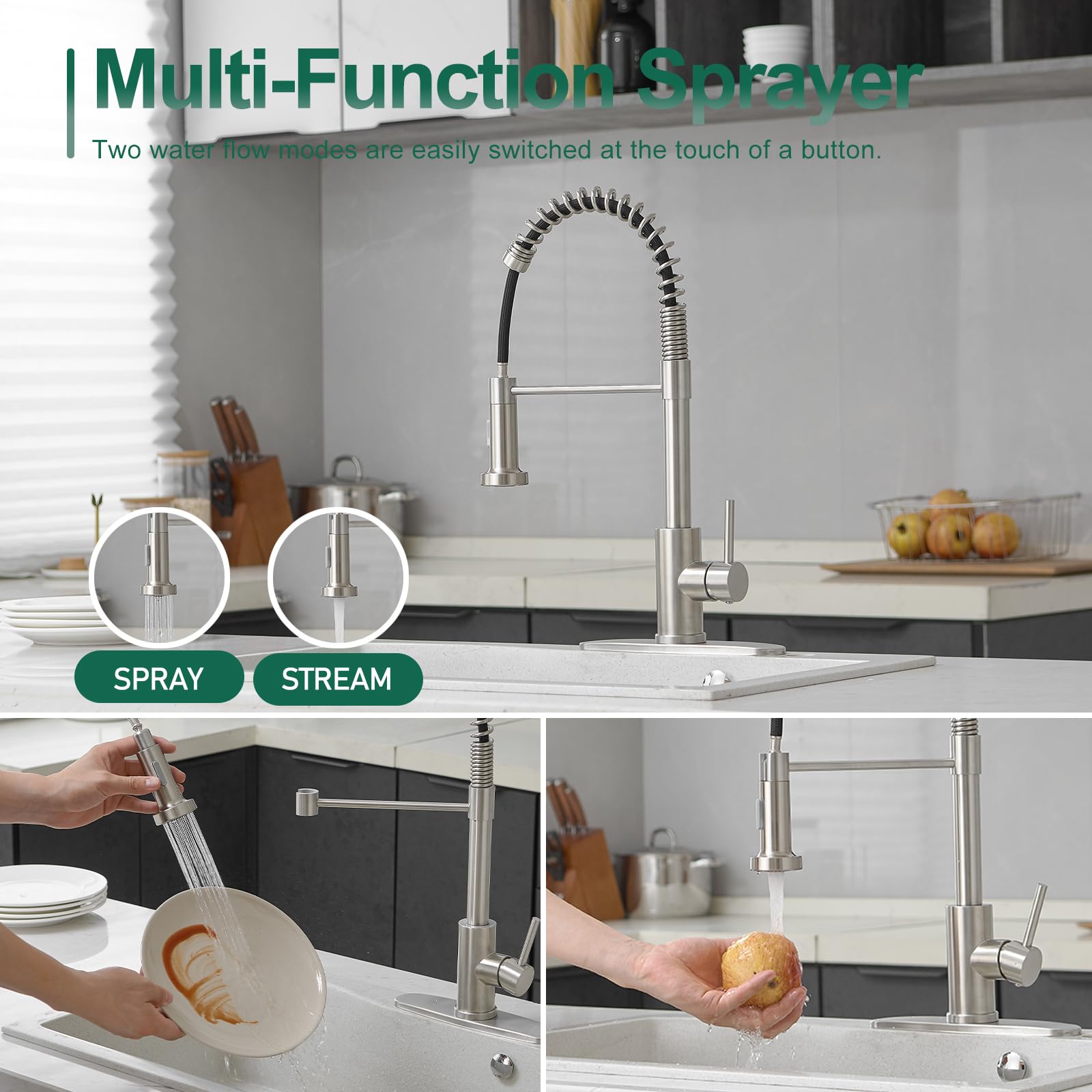 Voton Kitchen Faucets With Pull Down Sprayer, Modern Brushed Nickel High Arc Spring Farmhouse Sink Faucet With Dual Function Sprayer Faucet For Bar Rv Kitchen Laundry Utility