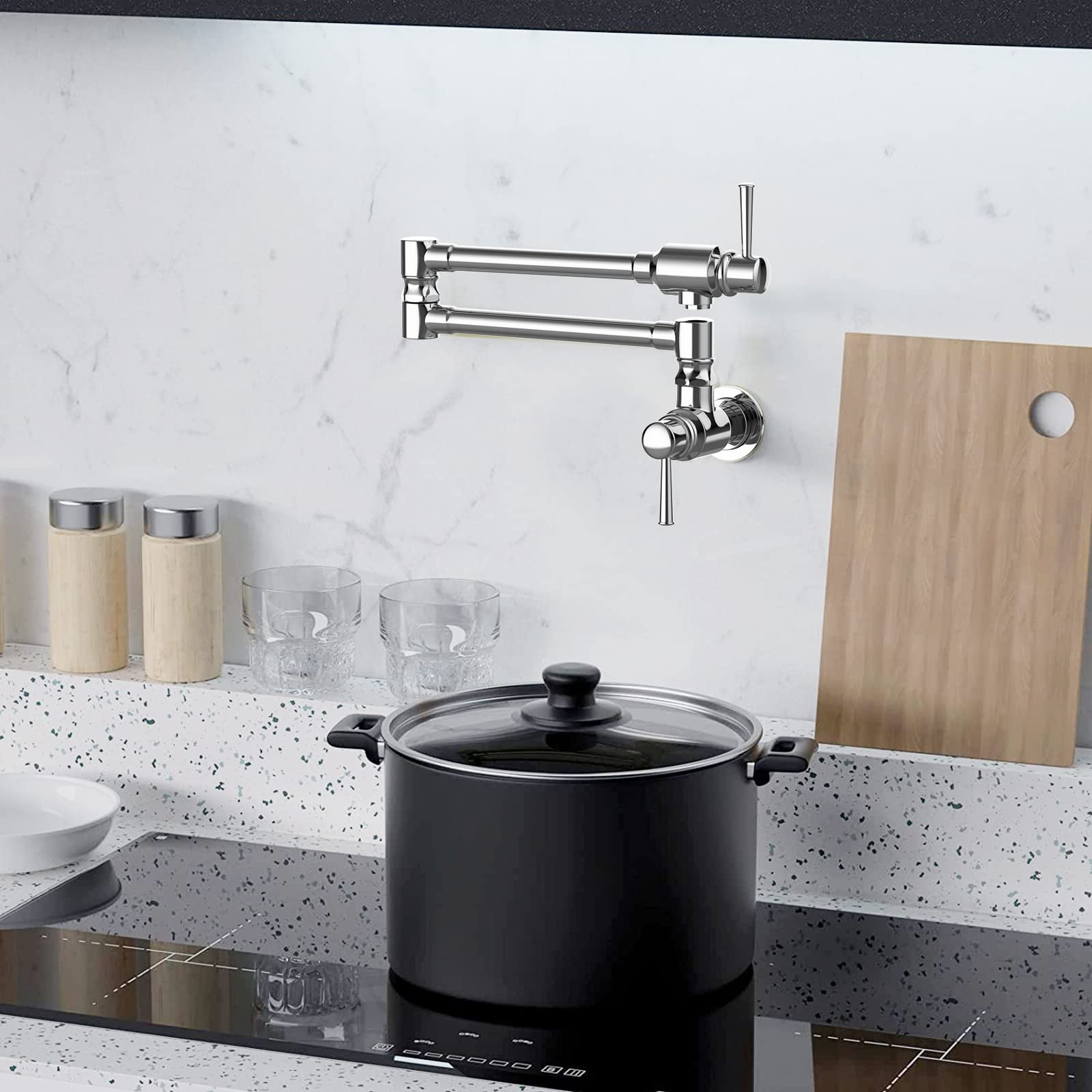 Cwm Pot Filler Faucet,Polished Stainless Steel Pot Filler,Swing Arm Folding Stretchable Wall Mount Commercial Kitchen Sink Faucet With Single Hole Two Handles,Over Stove Design For Space-Saving