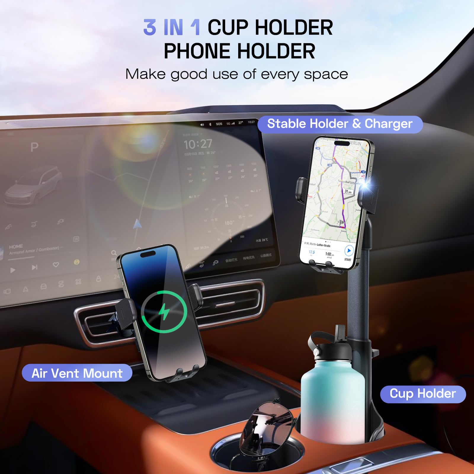 Trixcoin 3-In-1 Wireless Car Charger Cup Holder Phone Mount, 15W Fast Charging, Auto Clamping, Compatible With Iphone & All Smartphones