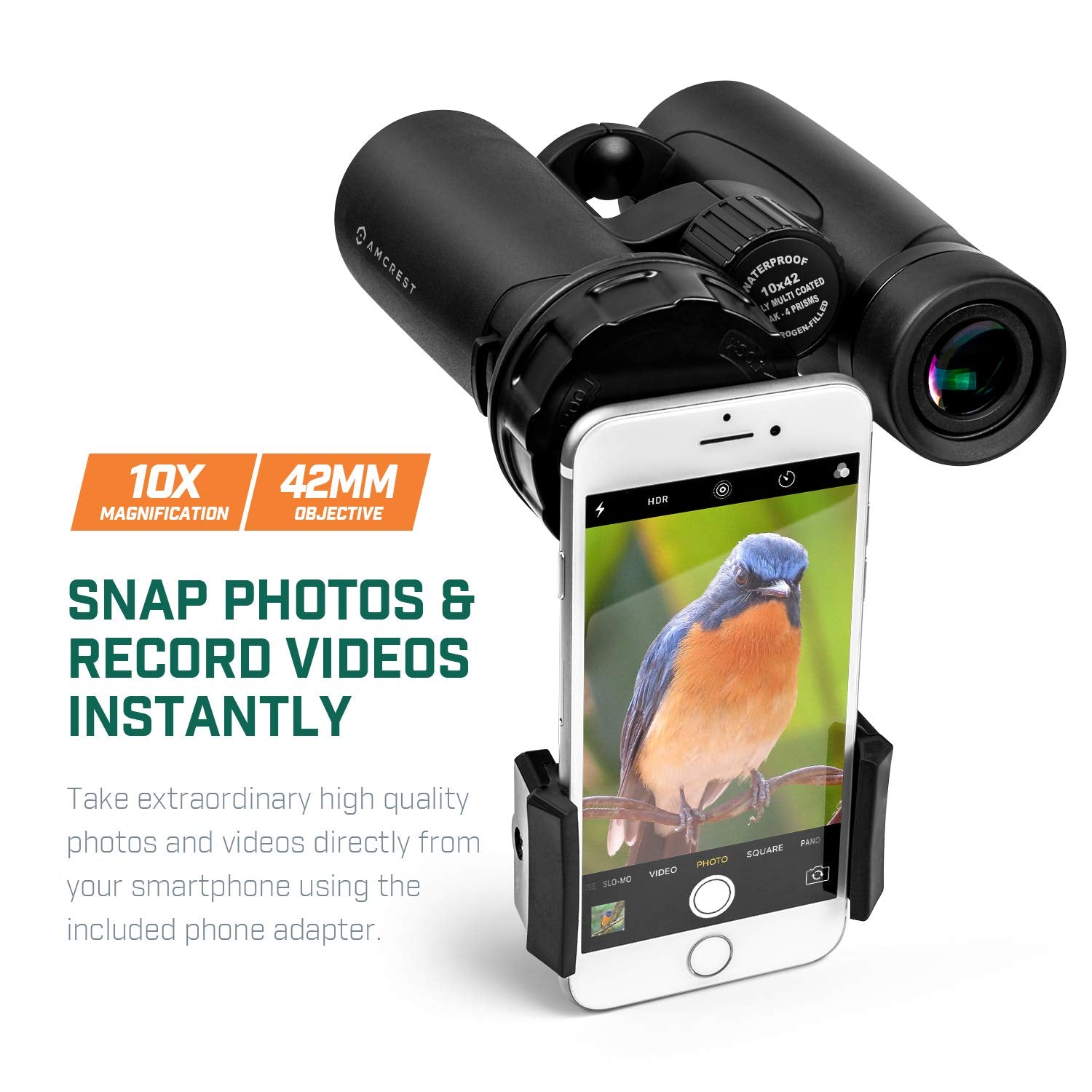 Amcrest 10X42 Roof Prism Binoculars For Adults, Hd Professional Binoculars For Bird Watching, Travel, Stargazing, Hunting, Concerts, Sports, Bak-4 Prisms, Smart Phone Adaptor For Photography