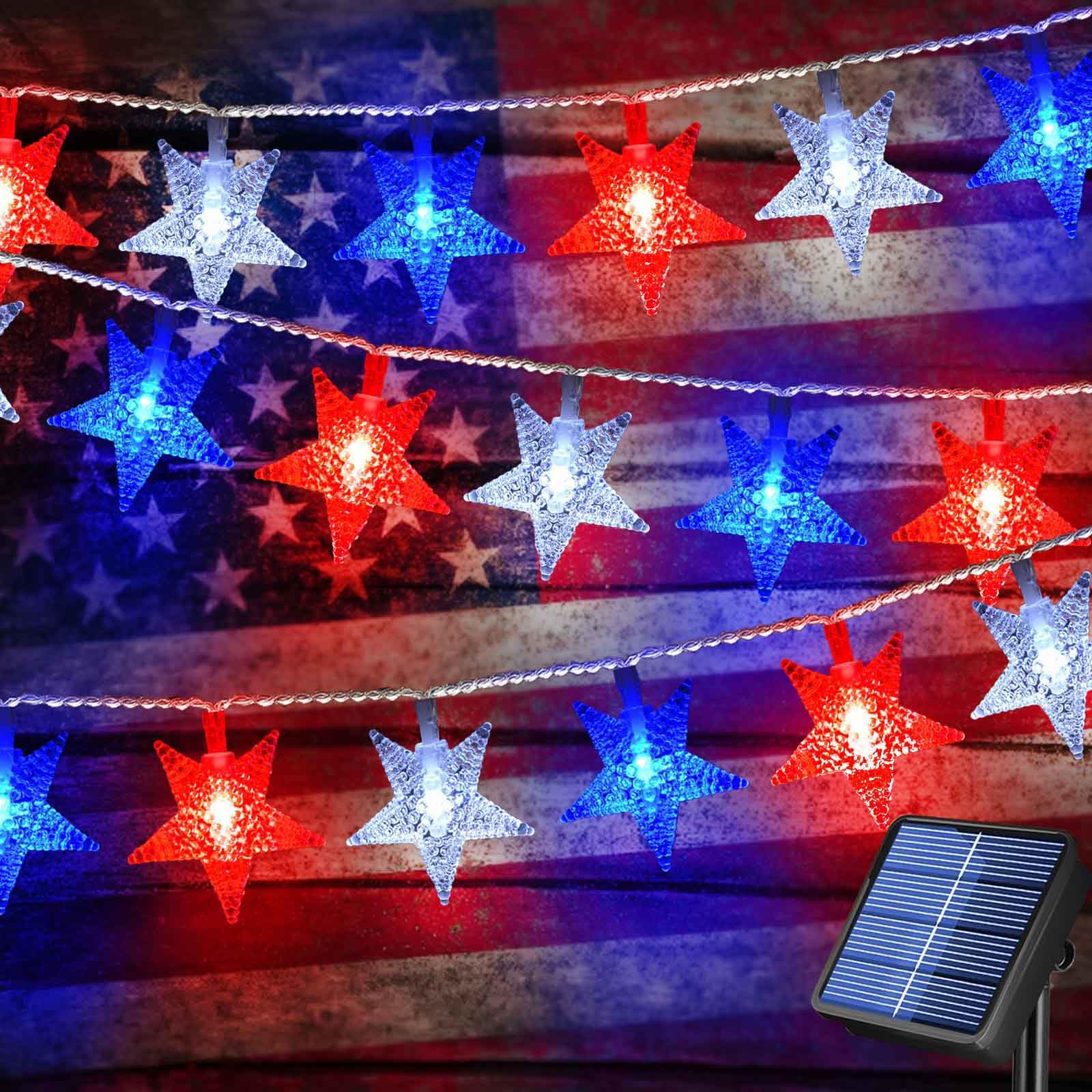 Awinking Solar Red White And Blue Star Lights For 4Th Of July Decorations Outdoor, 30 Led Waterproof Patriotic Lights For Outside Memorial Day Fourth July Christmas Front Porch Yard Campsite Golf Cart Decor