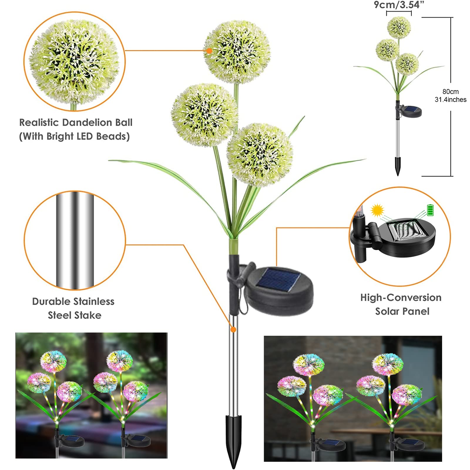 Xvz Solar Lights Outdoor Garden Decor, 2 Pack 36 Led Solar Dandelion Garden Lights,Ip65 Waterproof Colorful Optical Fiber Solar Lights For Yard Lawn Pathway Wedding