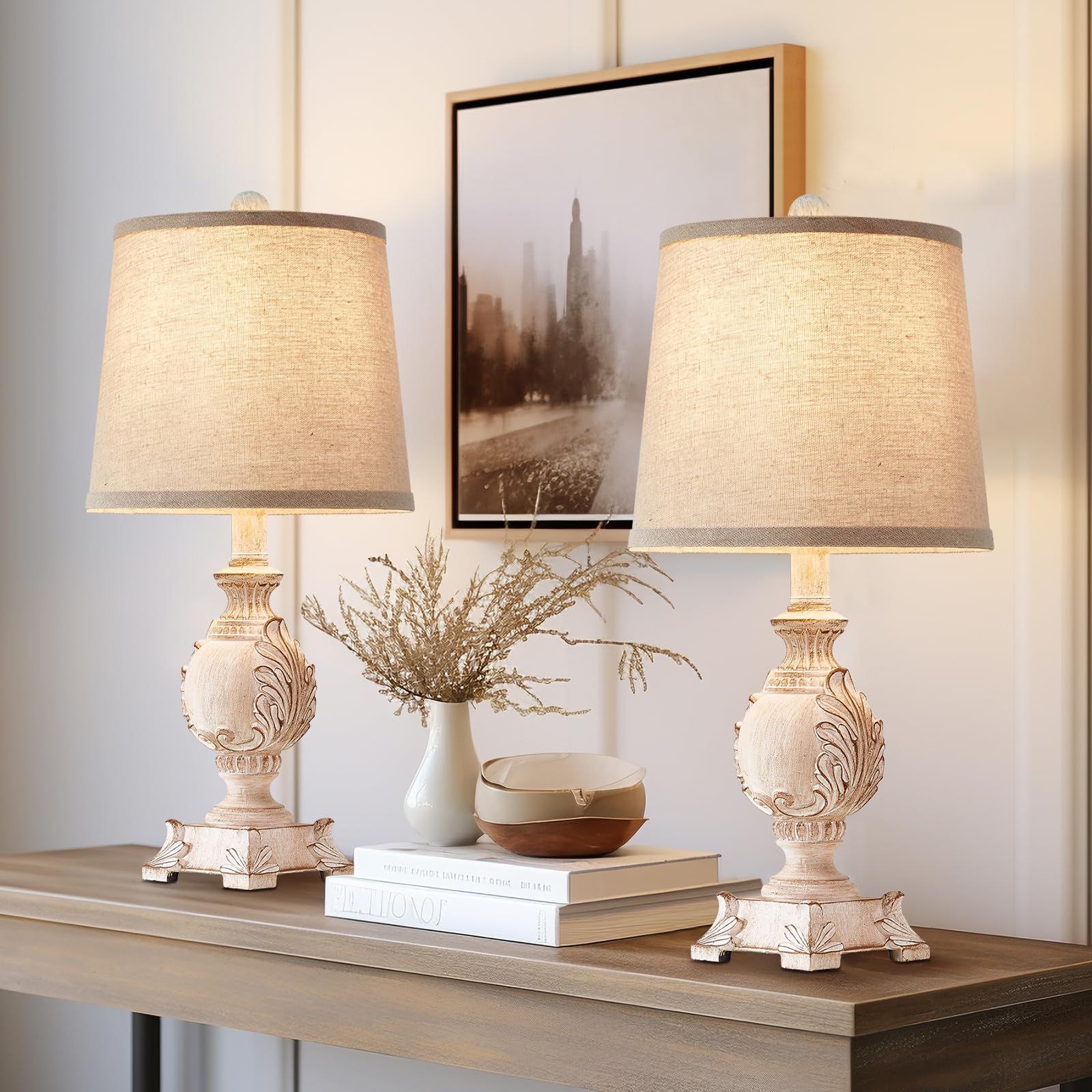 Drawealth 21'' Small Table Lamps Set Of 2 Farmhouse Bedside Lamps For Bedroom Nightstand Vintage Carved Floral Side Table Lamps For Living Room Kids Home Office, Wooden Finish, Bulb Not Include