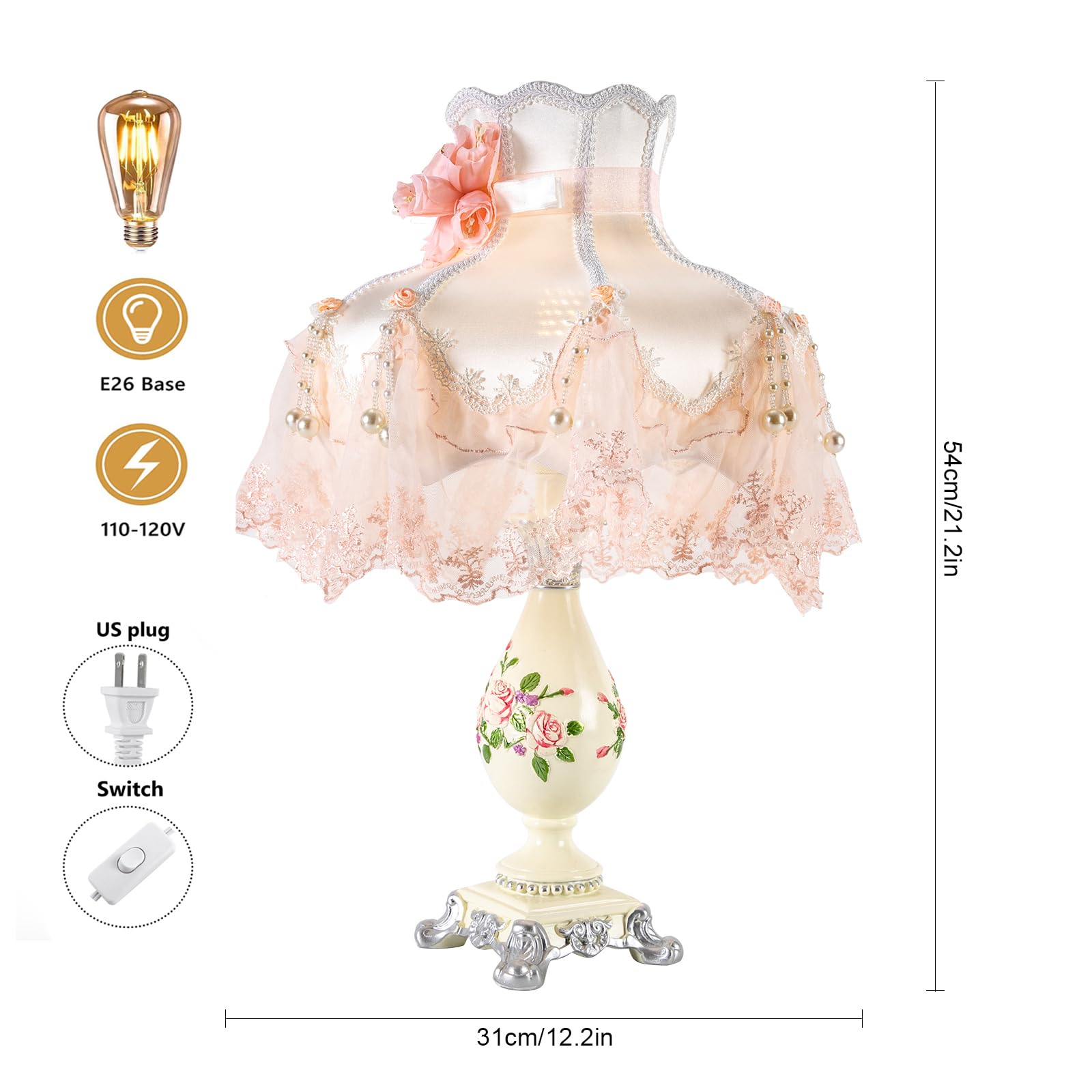 Tfcfl Victorian Lace Fancy Table Lamp, Handmade Fabric Bedside Lamp Light European Style Nightstand Lamp Desk Lamp Antique Painted Resin Base For Bedroom Living Room Office