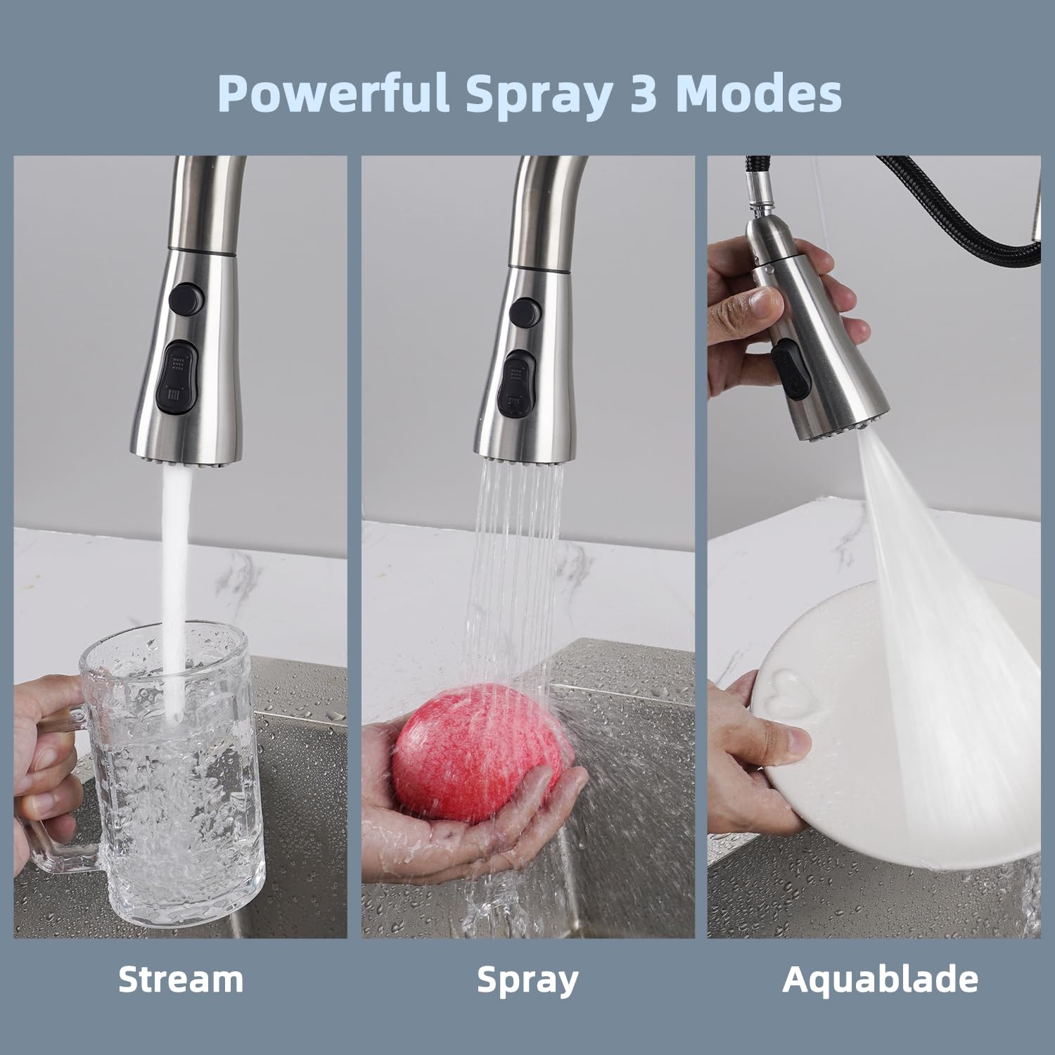 Ifealclear Universal Metal Kitchen Faucet Head Replacement, Pull Down Kitchen Sink Faucet Sprayer Head, Compatible With Moen, Delta, American Standard Faucets,15 Adapters, 3 Modes, Brushed Nickel