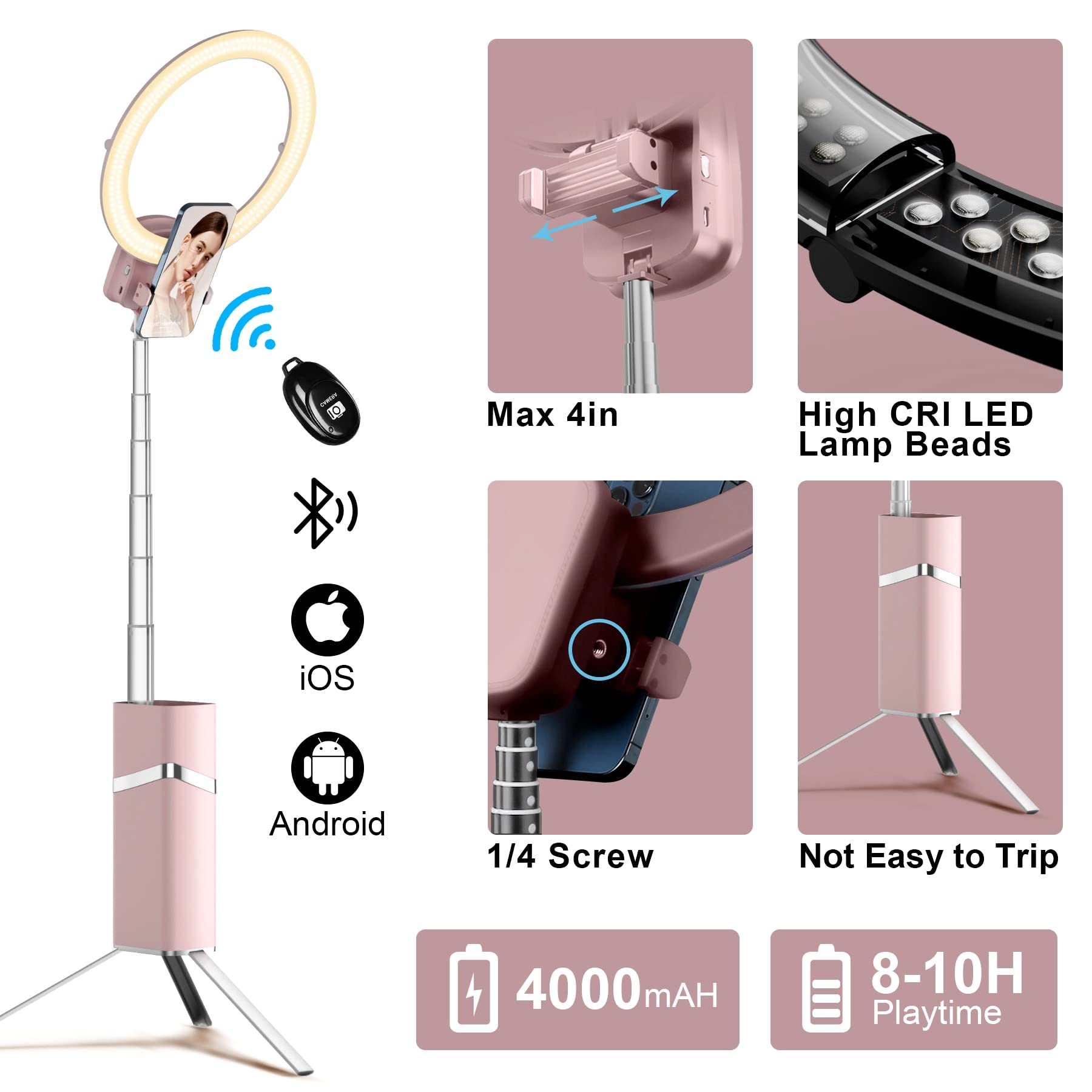 Iyesku 10" Selfie Ring Light With 76" Tripod Stand And Phone Holder, Portable Travel Led Tripod Ring Light Ringlights With Stand Cordless For Iphone Tiktok Makeup Video Recording, Pink