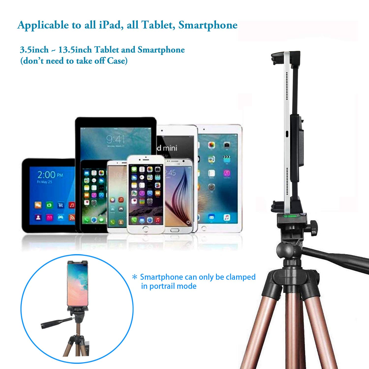 Atoptek Aluminum Tablet Tripod Stand - 51 Inch Adjustable Height Mount Holder For Ipad Pro, Air, Mini, Surface, Galaxy Tab & 3.5 To 13.5In Phone - Champagne