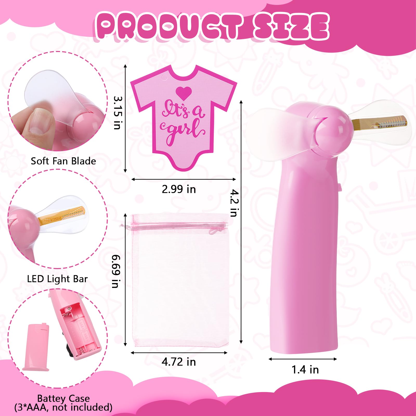 Portable LED mini handheld fans in bulk, perfect for gender reveal parties and baby showers