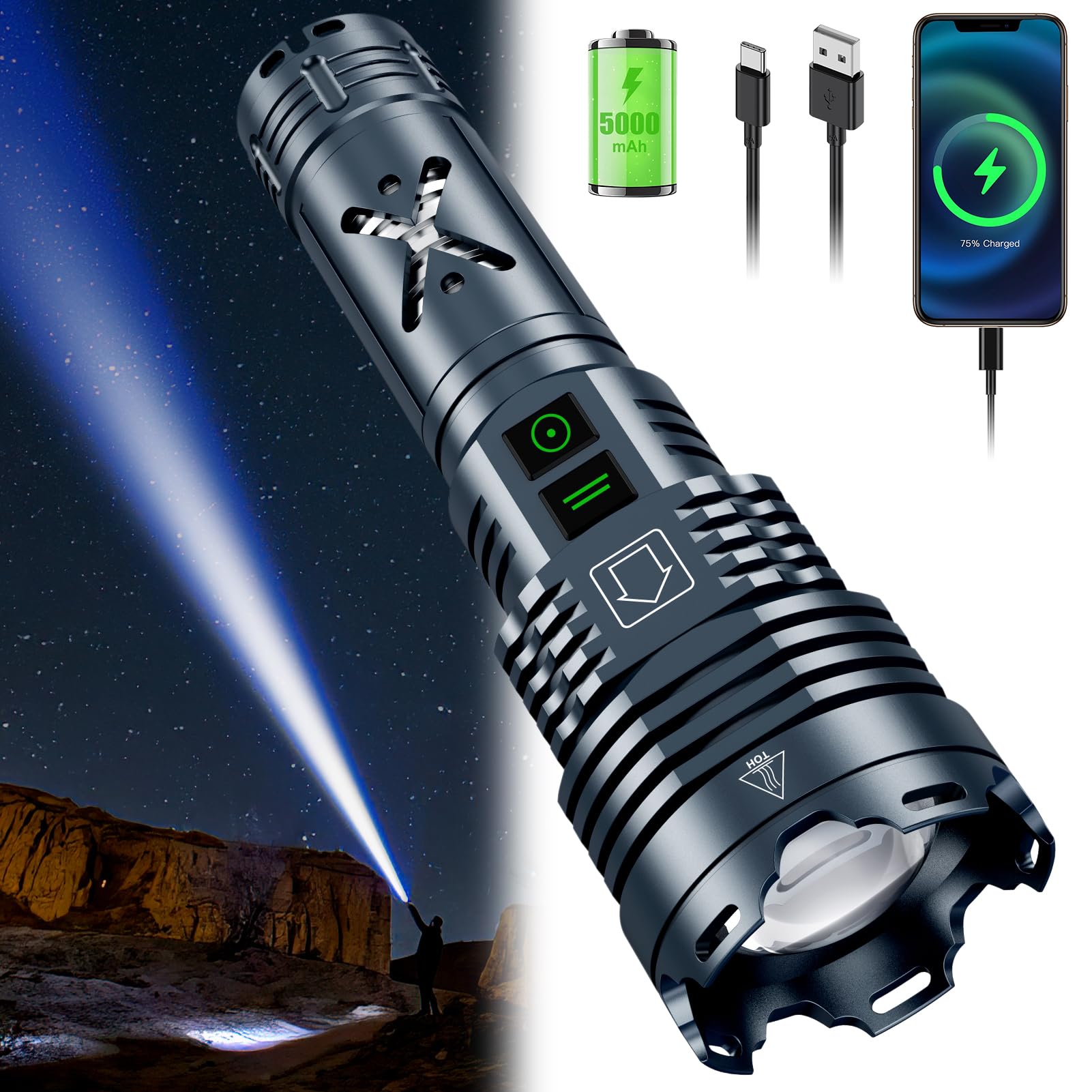 Gehavin Rechargeable Led Flashlights 2500.000 High Lumens,High Powered Flashlight Super Bright,Handheld Utility Flashlight With Waterproof, 6 Modes, Zoomable, Powerful Flashlights For Camping Home Emergency