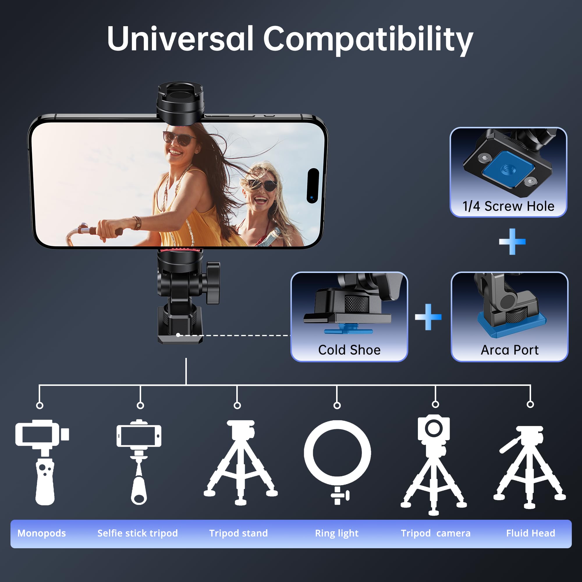 Atumtek Metal Phone Tripod Mount, Universal Aluminum Smartphone Mount Adapter With 3 Cold Shoe, 3 1/4" Screw Mount, Arca Port And 1 Convertible Cold Shoe Adapter, 360° Rotation & 145° Tilt Angle