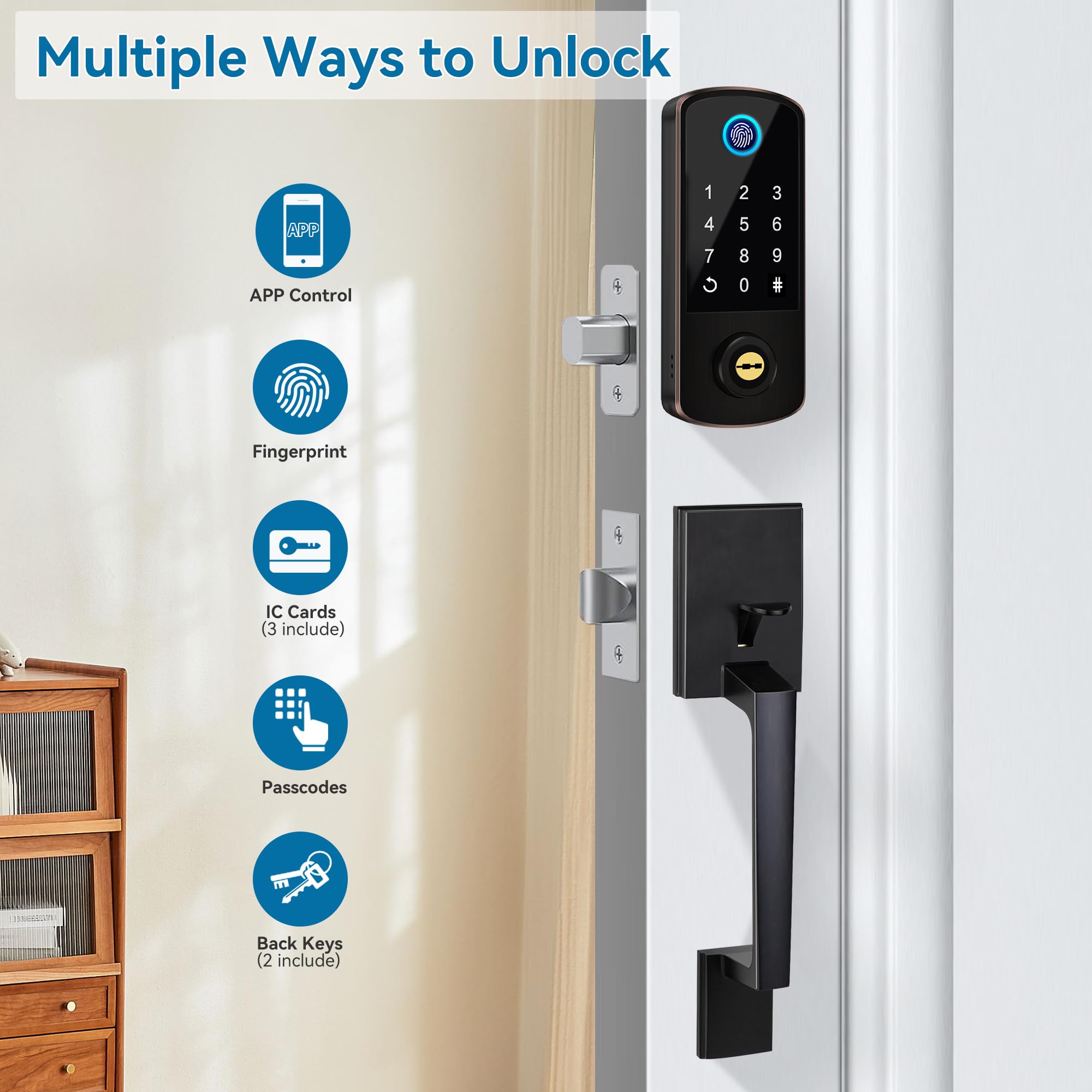 Bebasia Keyless Entry Door Deadbolt With Handle Set, Fingerprint App Smart Door Lock, Digital Keypad Bluetooth Deadbolt Lockset With Auto Lock Code Fob Aged Bronze