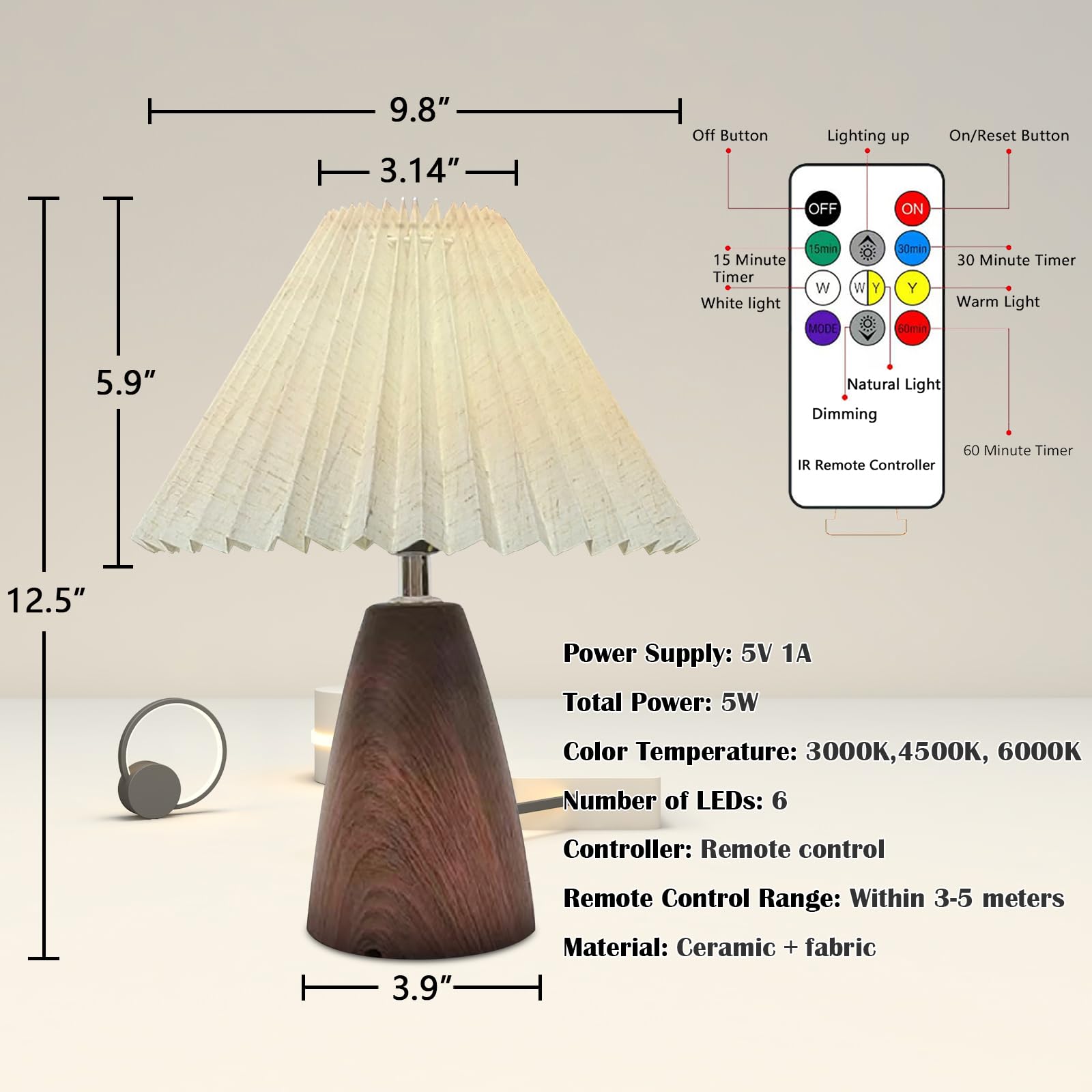 Aoteam Small Pleated Table Lamp, Modern Metal Base Nightstand Lamp With Beige Fabric Shade, Ideal For Bedroom, Living Room, Kids Room, And Study, A Cute Accent Lamp For Cozy Lighting (Wood Grain Lamp-6)