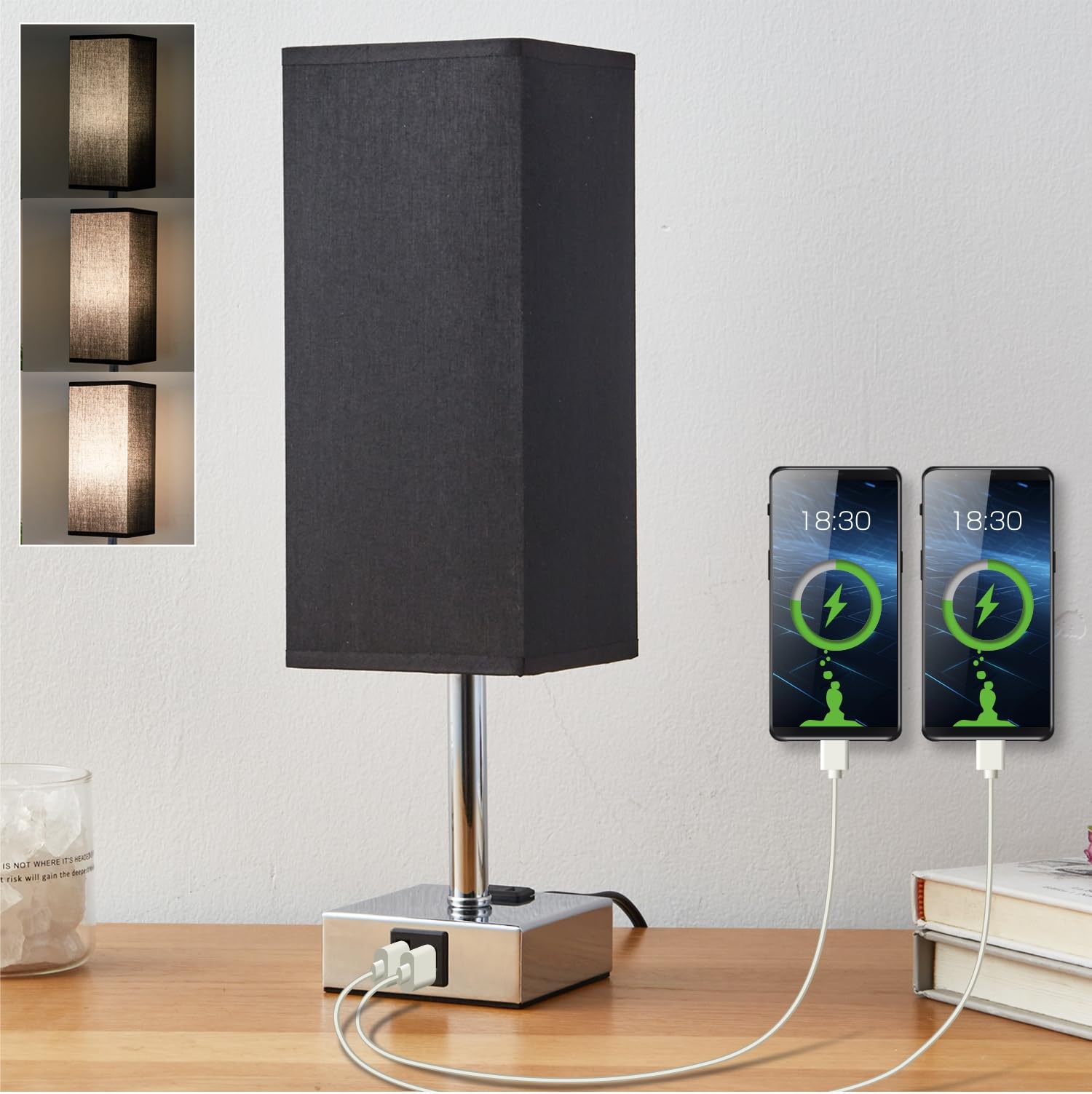 Lifeholder Square Touch Dimmable Usb Lamp With Fabric Shade, Built-In Usb & Type C Ports & Ac Outlet - Bedside Lamp Idea For Bedroom, Black