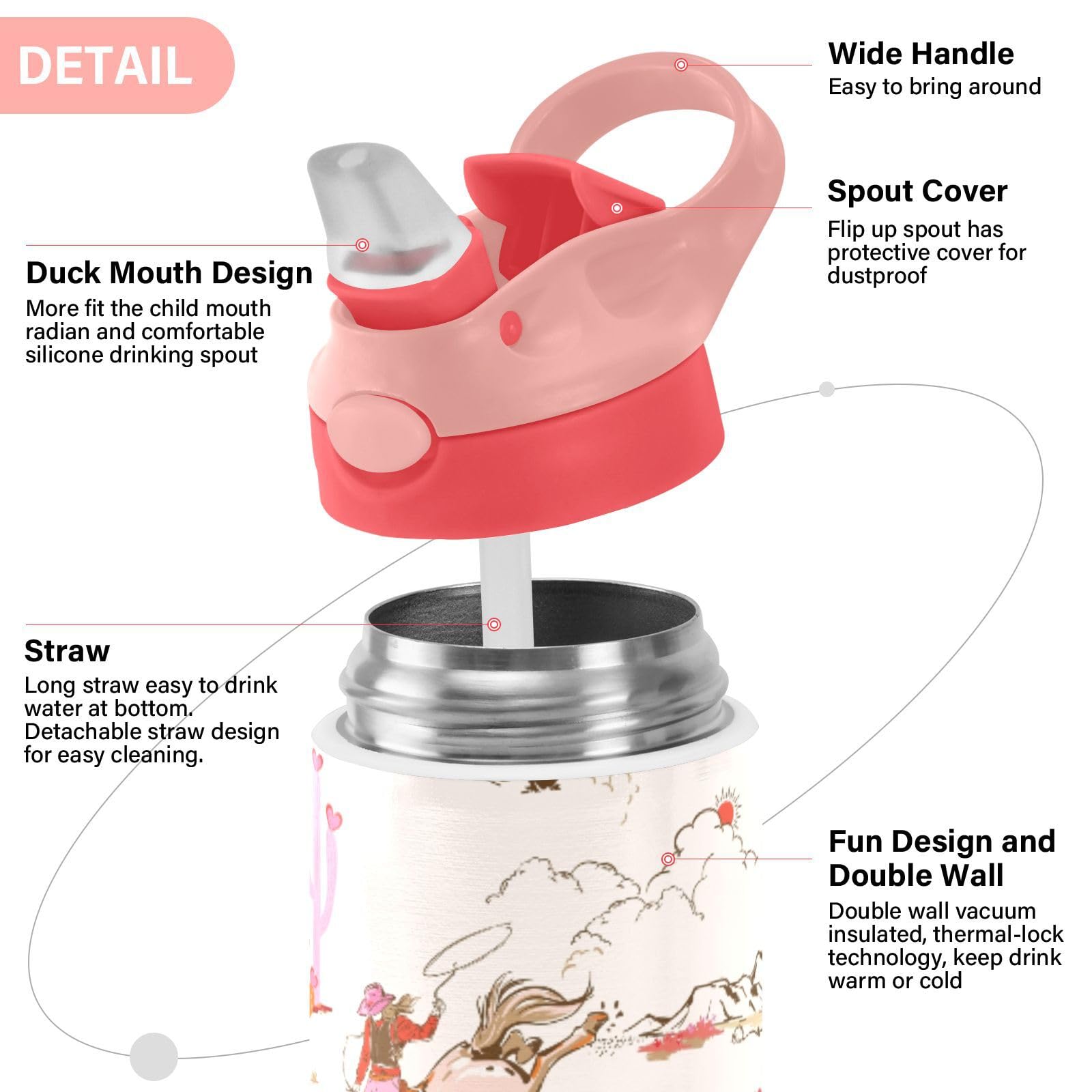 Cute Rodeo Cowgirl Kids Water Bottle, Insulated Stainless Steel Water Bottles With Straw Lid, 12 Oz