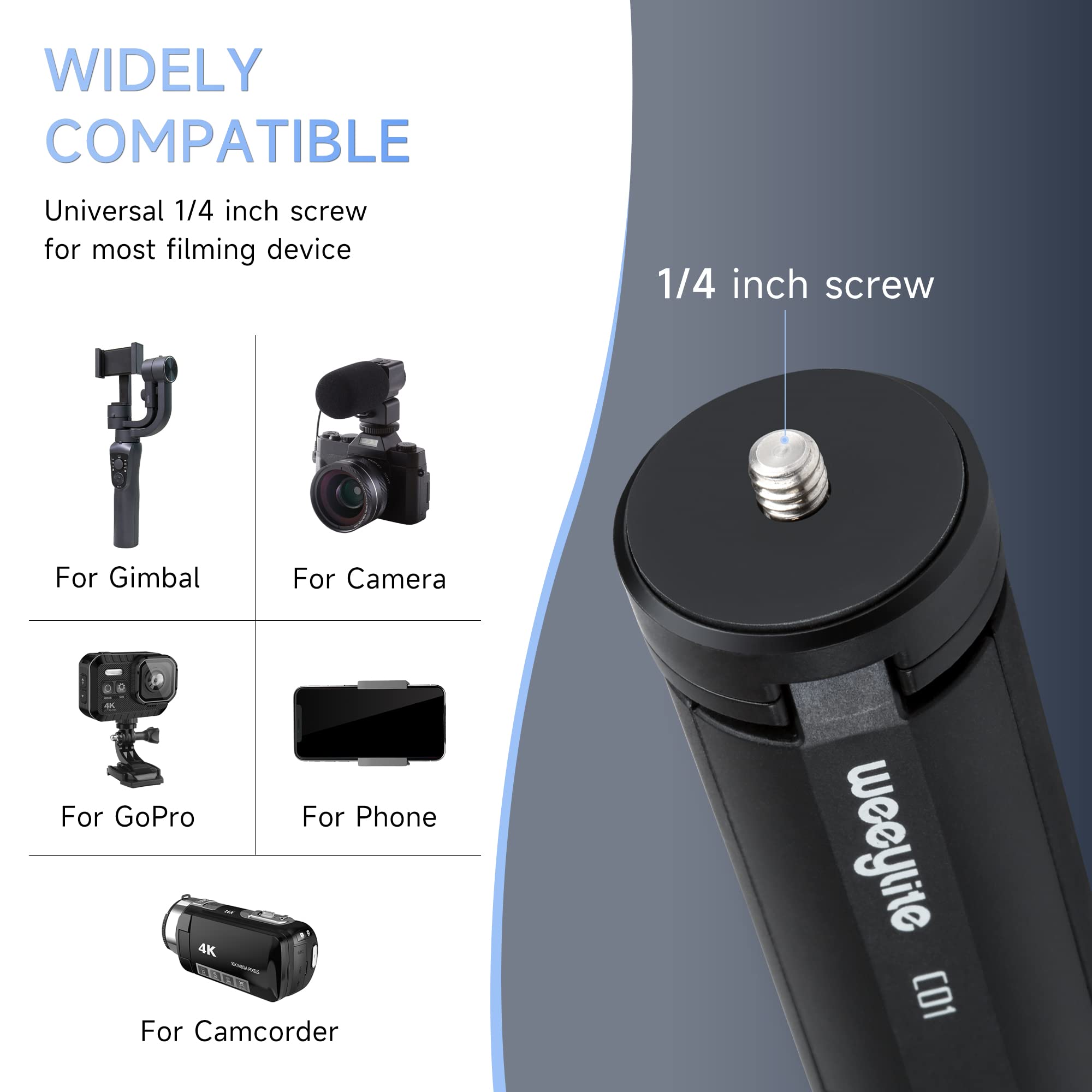 Weeylite 1/4 Mini Tripod, Tabletop Desktop Stand Compact Tripod With 1/4" Screw For K21 Stick Light, S03/S05 Pocket Photo Light, Camera, Smooth 4, Osmo Mobile, Vimble 2, Gimbal Handle Grip Stabilizer